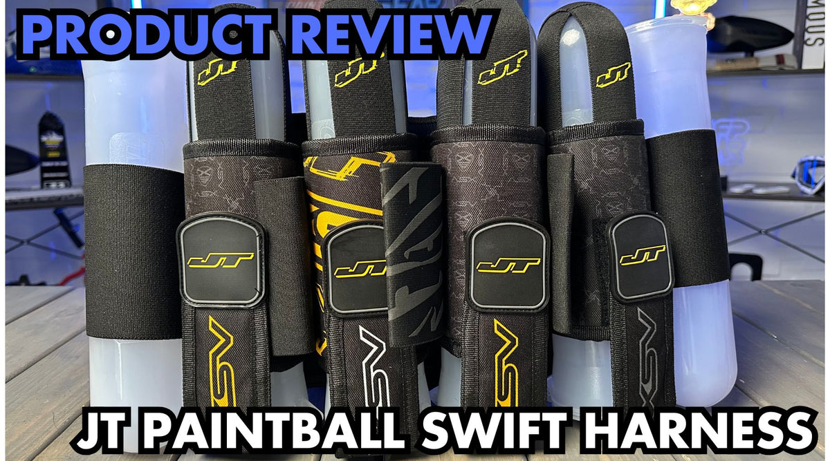 An image with the XSV style JT Swift pod pack. Text reads out Product Review, JT Paintball Swift Harness