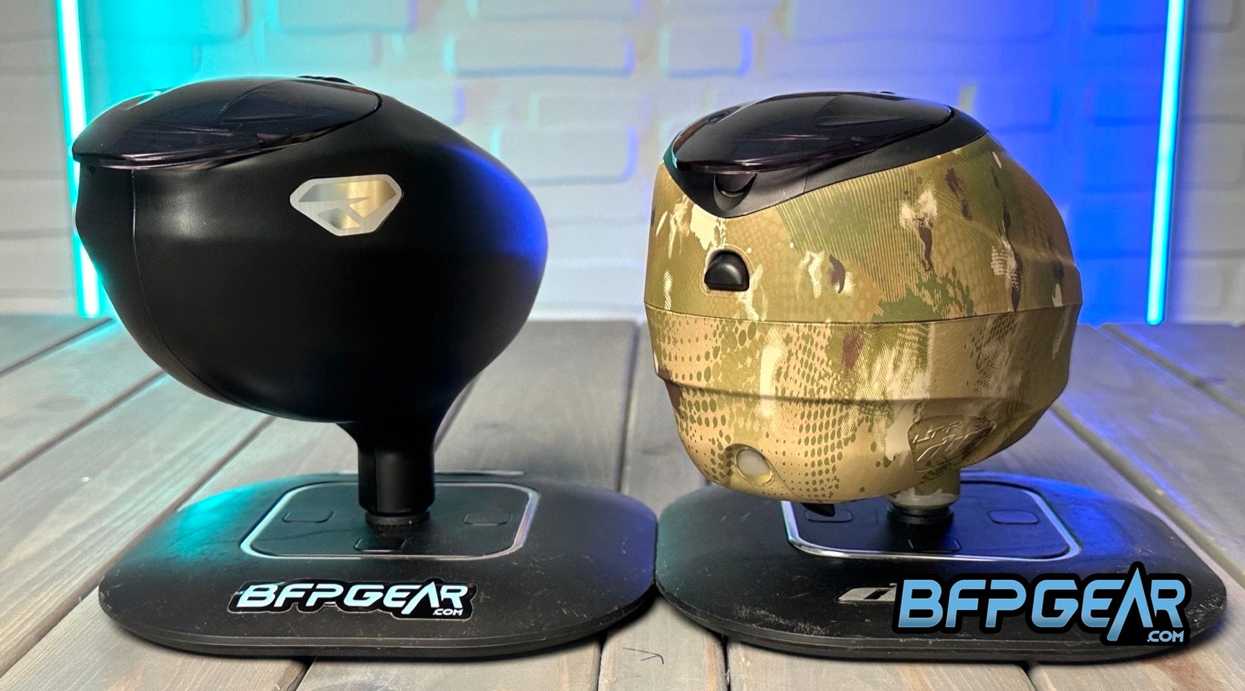 Pictured here is the Porto Primo loader and the DYE LTR loader. The Primo loader is gravity fed, whereas the DYE LTR is electronic and force feeds paintballs into your marker.