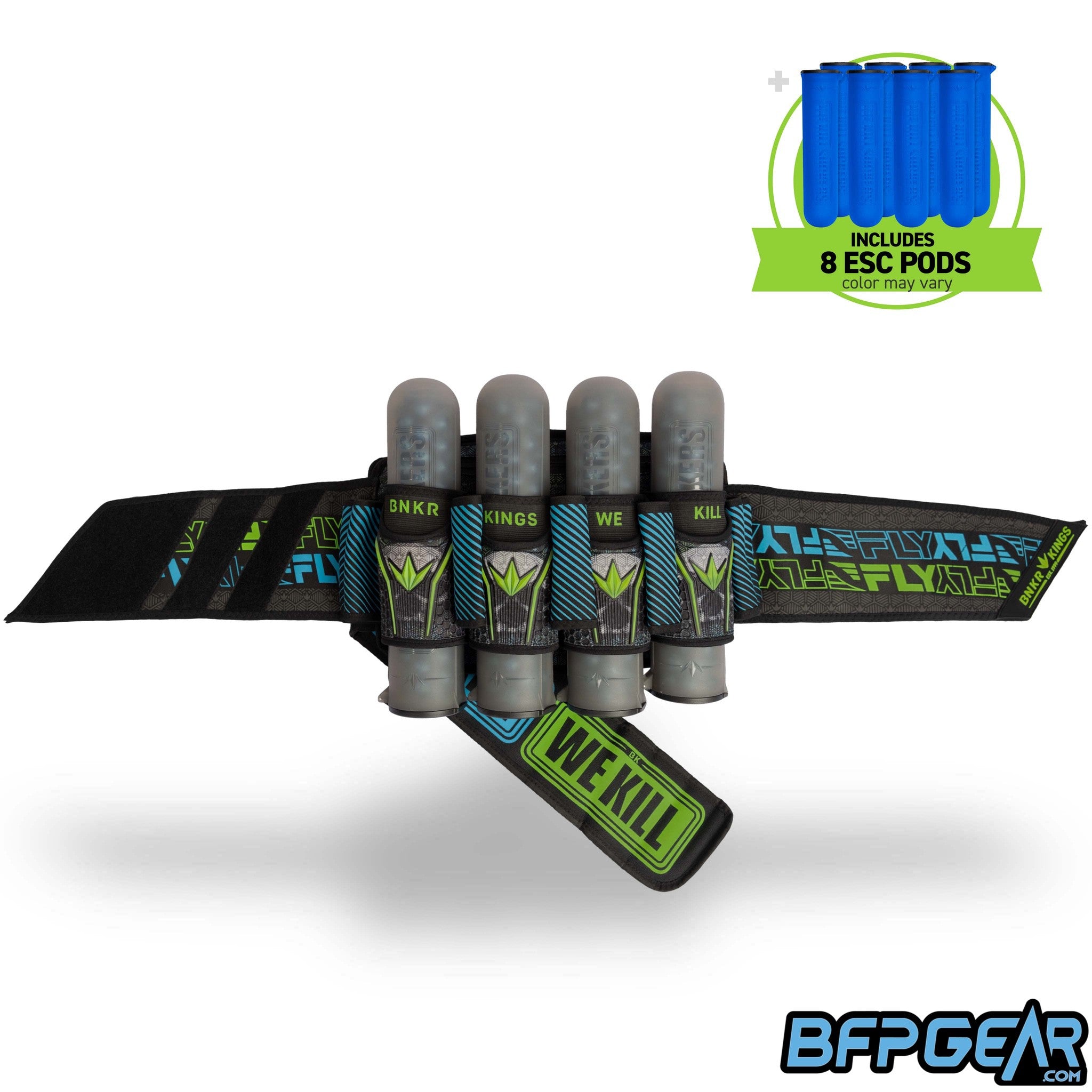 The BunkerKings Fly 2 Harness in the Acid Skull color way. Teal and green with white skulls on the main pod sleeves.