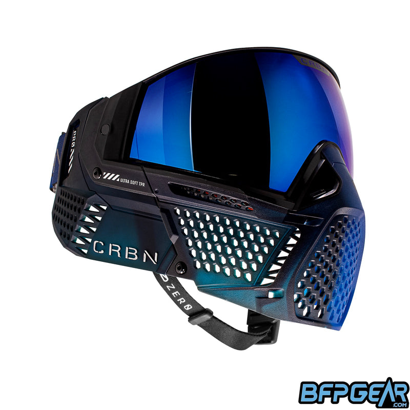The left side of the Indigo Fade Zero Pro goggle. This half is mostly black with some indigo blended in.