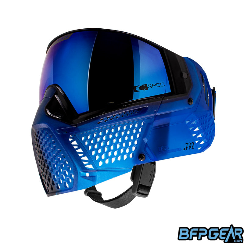 The right side of the Zero Pro Indigo Fade goggle. This side is a translucent blue color.