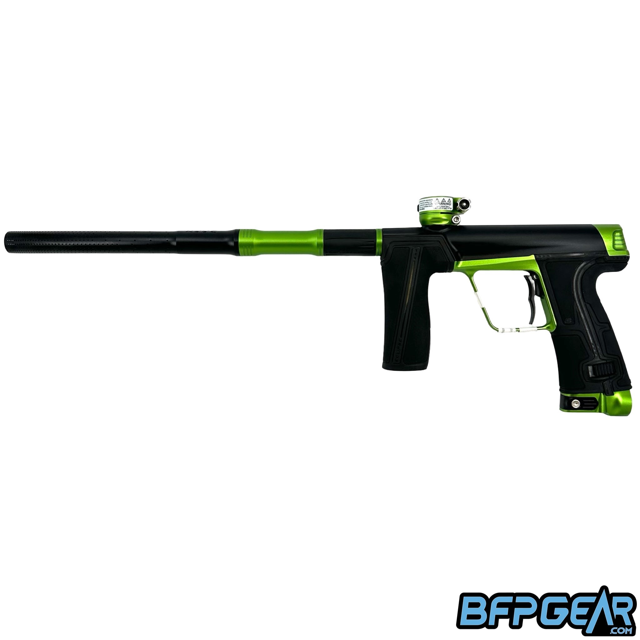 The Planet Eclipse CS3 Pro paintball gun in black and apple green.
