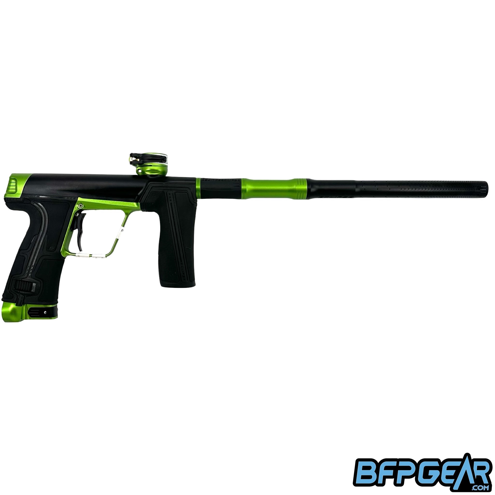 The Planet Eclipse CS3 Pro paintball gun in black and apple green.