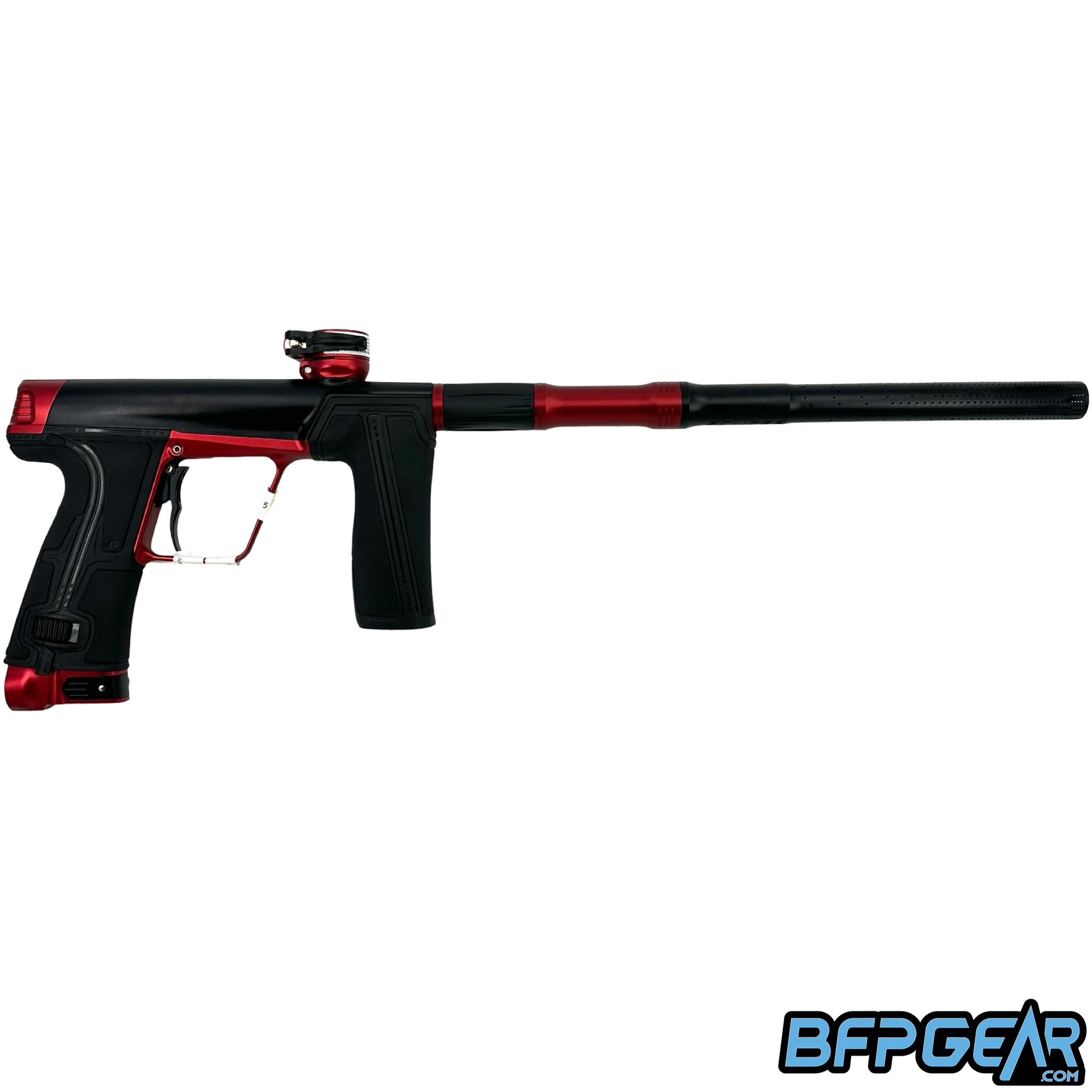 The Planet Eclipse CS3 Pro paintball gun in black and red.