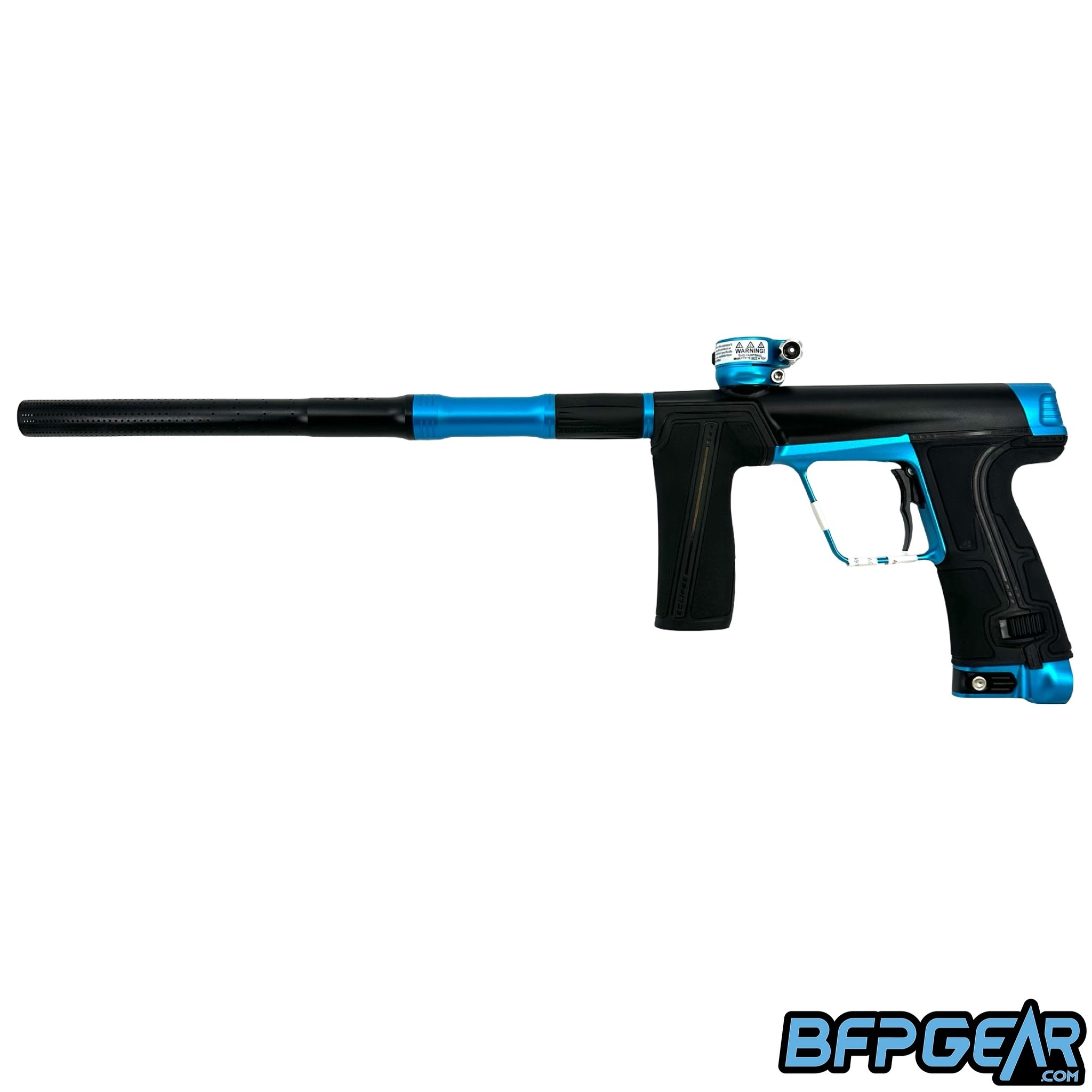 The Planet Eclipse CS3 Pro paintball gun in black and turquoise.