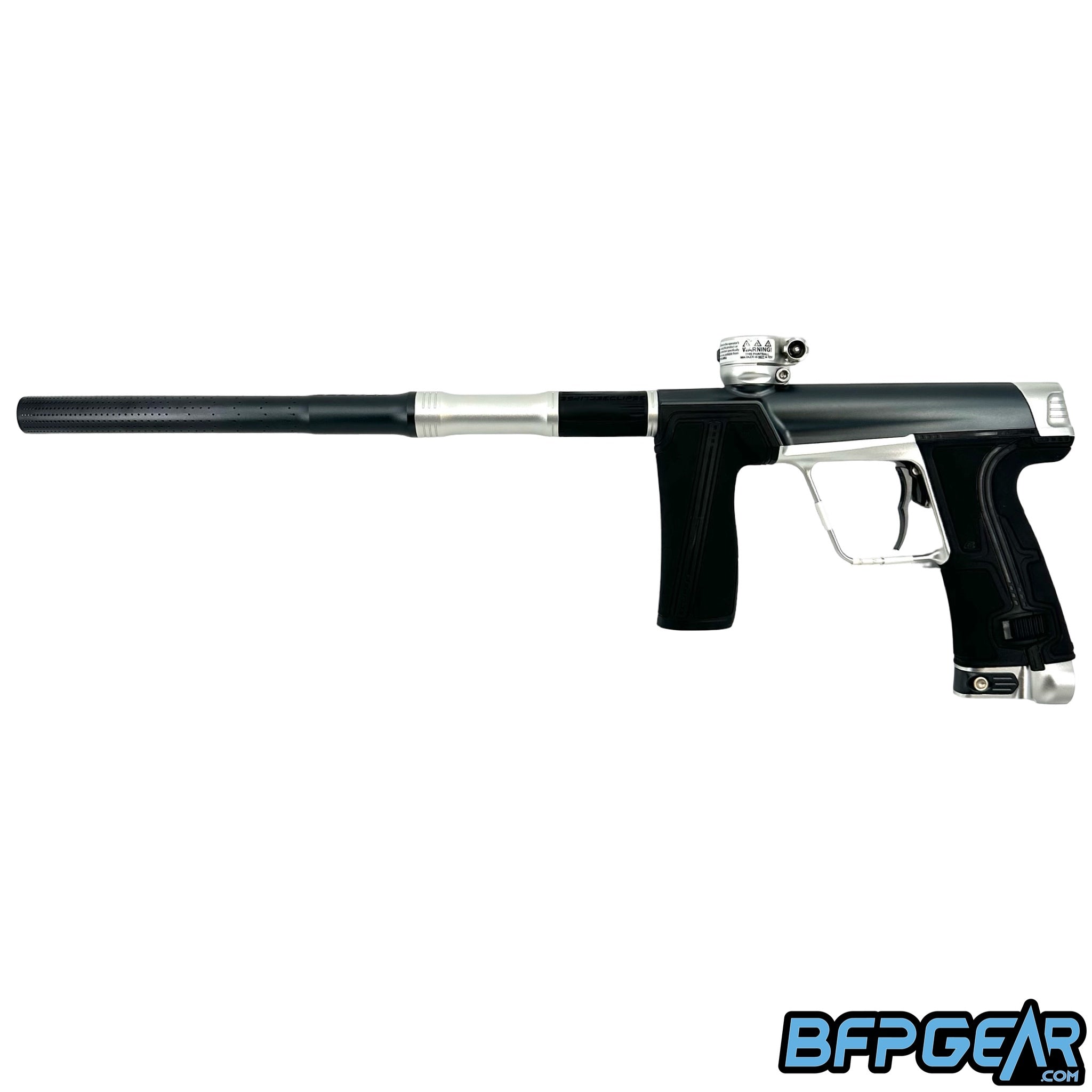 The Planet Eclipse CS3 Pro paintball gun in graphite and silver.