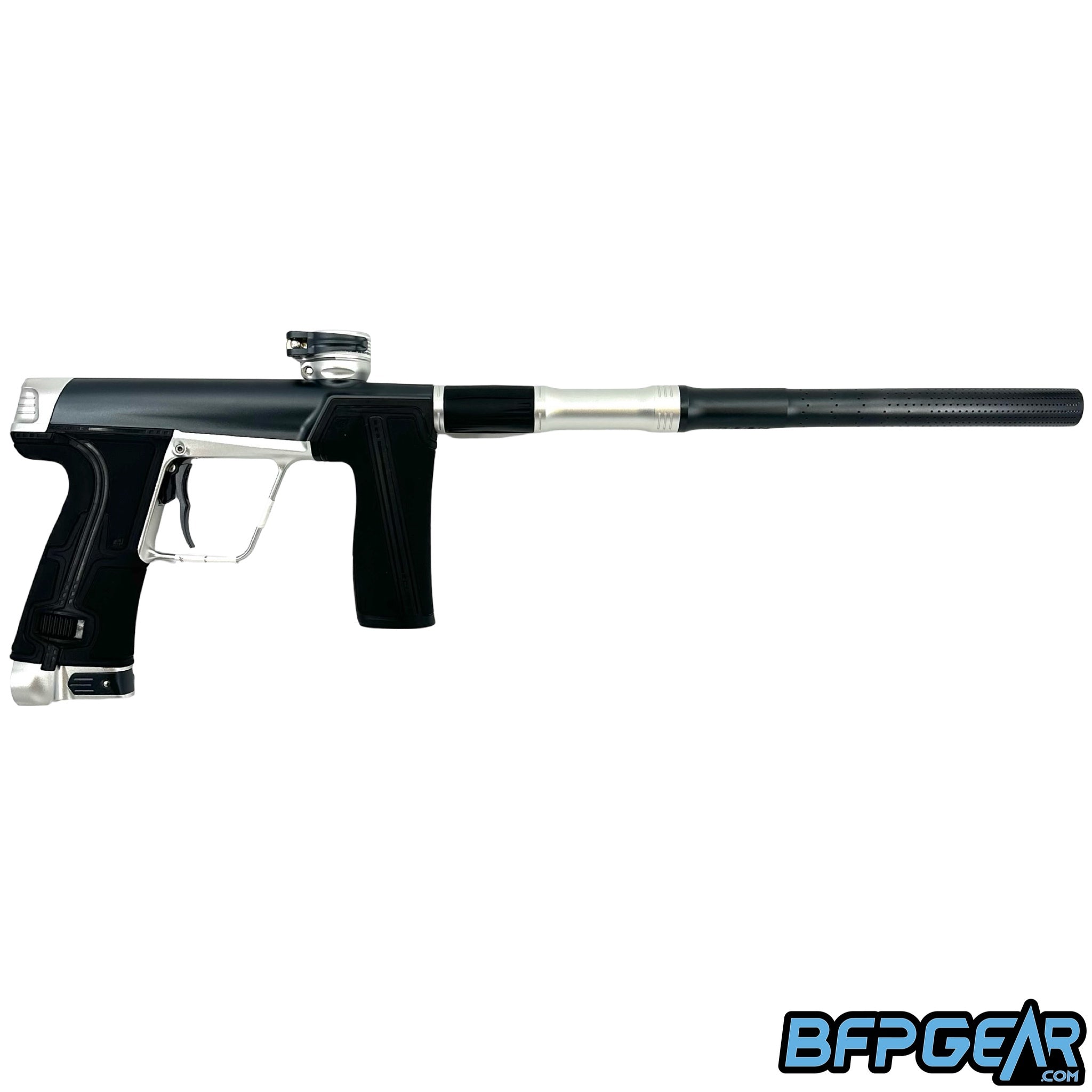 The Planet Eclipse CS3 Pro paintball gun in graphite and silver.