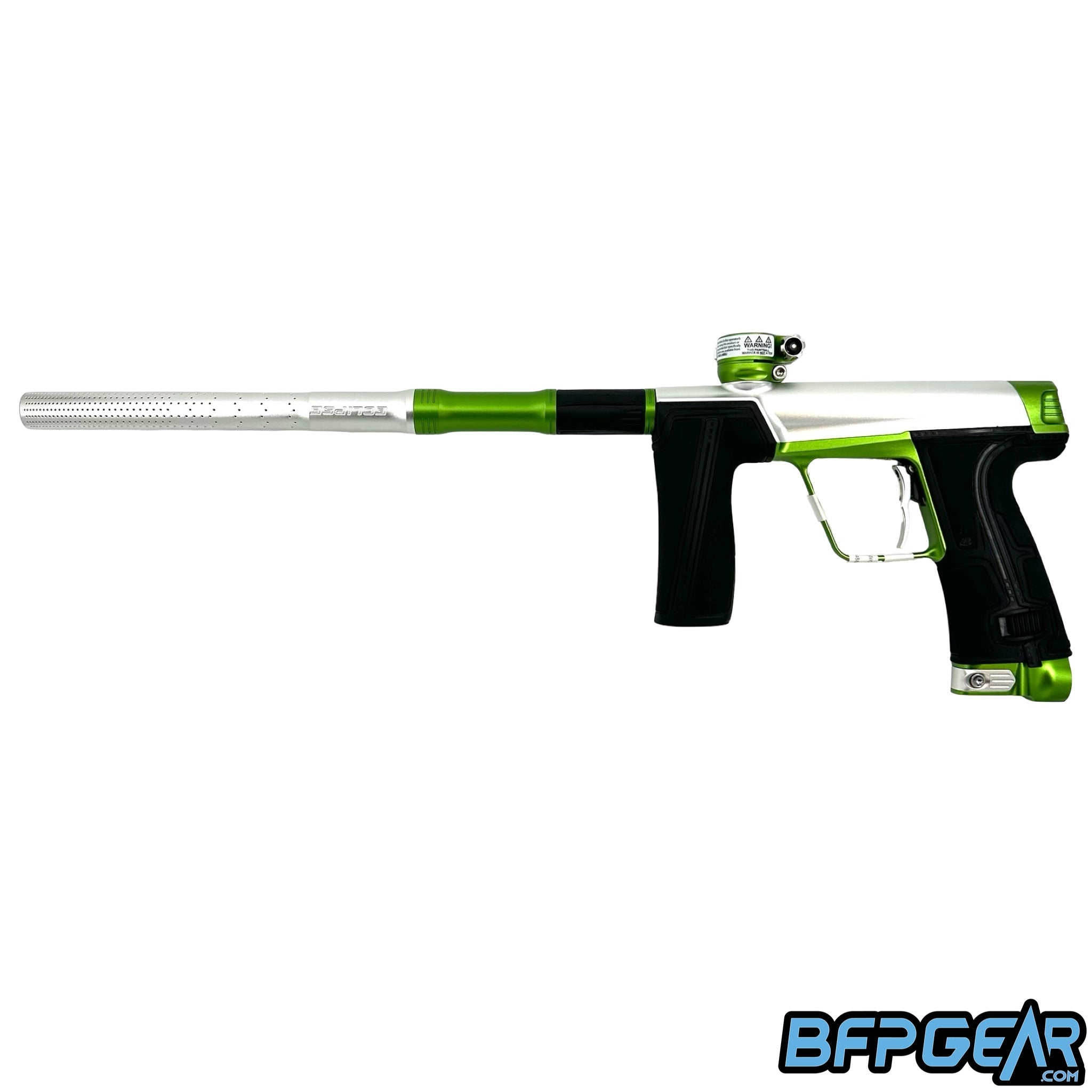 The Planet Eclipse CS3 Pro paintball gun in silver and apple green.