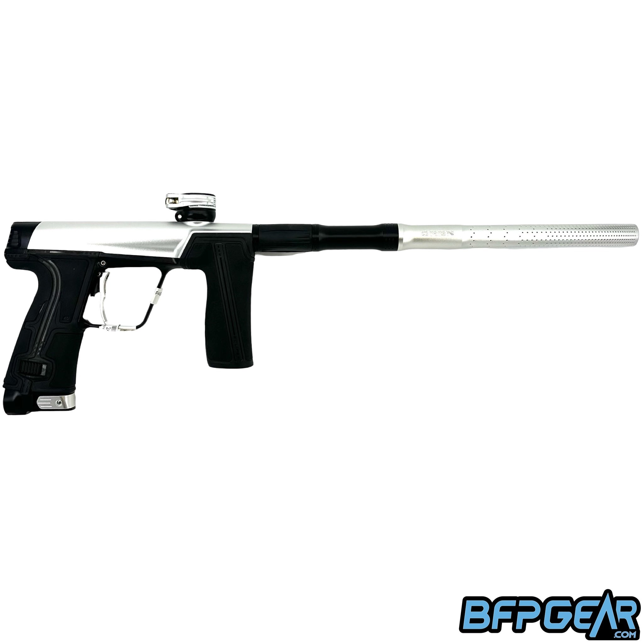 The Planet Eclipse CS3 Pro paintball gun in silver and black.