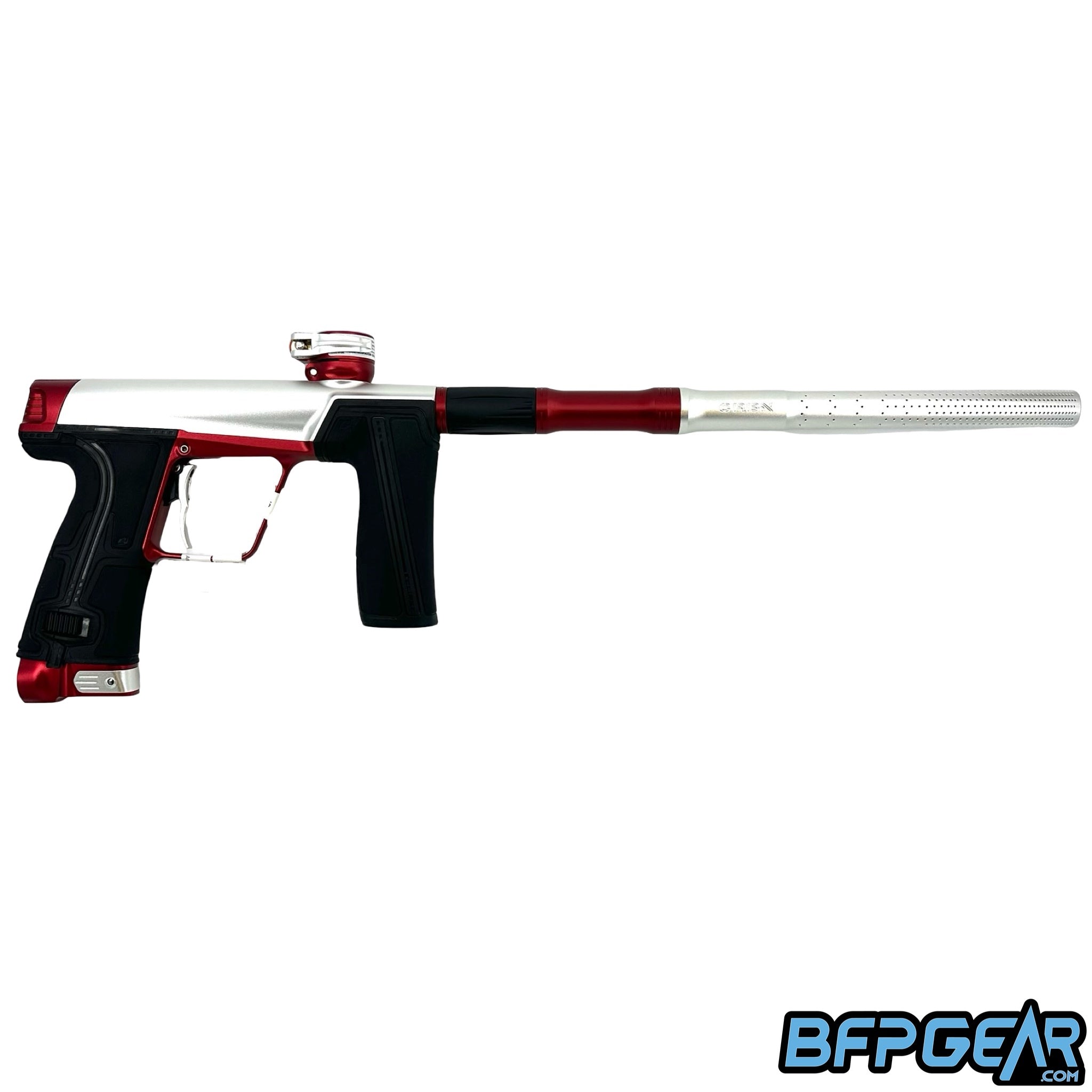 The Planet Eclipse CS3 Pro paintball gun in silver and red.