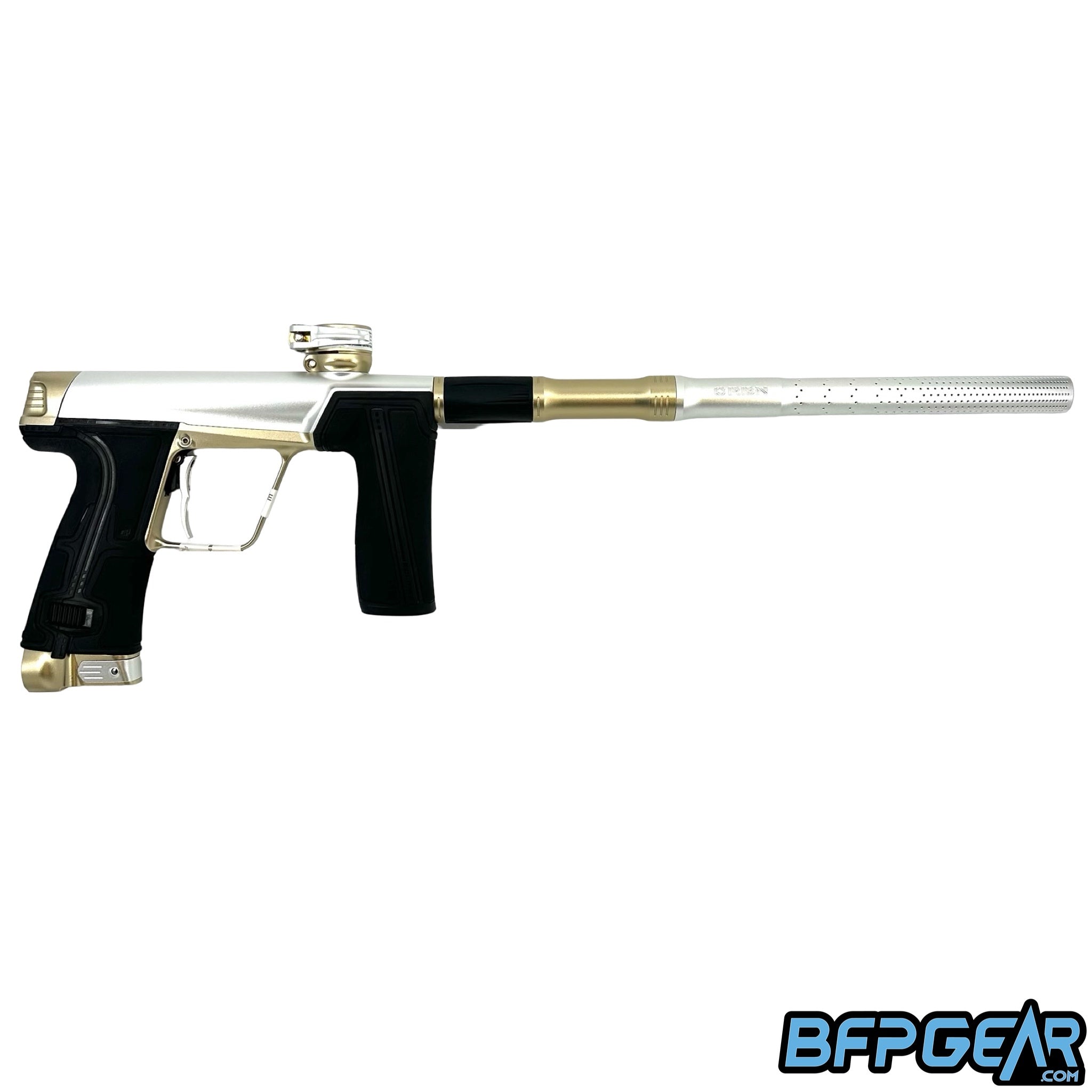 The Planet Eclipse CS3 Pro paintball gun in silver and sandstone.