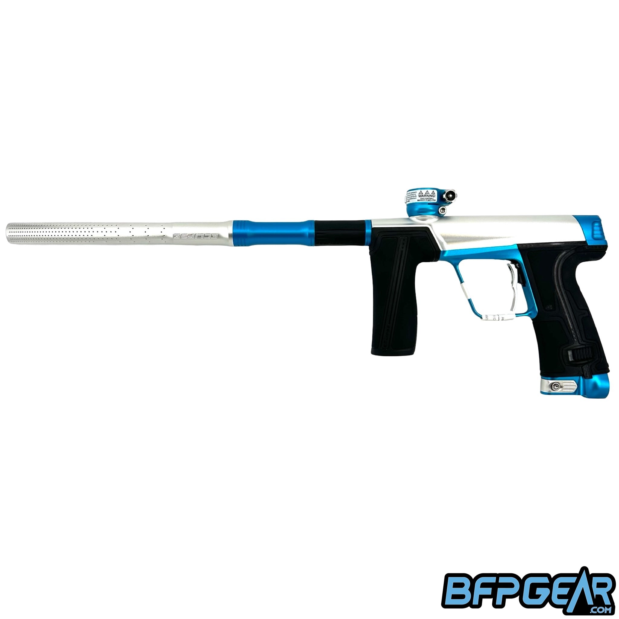 The Planet Eclipse CS3 Pro paintball gun in silver and turquoise.