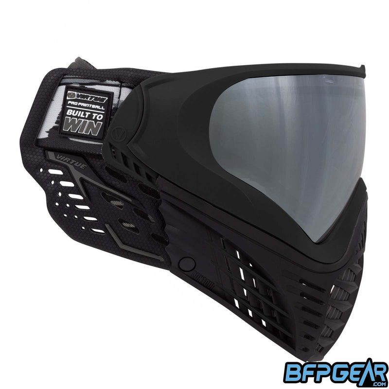 Side view of the black Contour II goggles. Soft ears and a slightly thicker strap than other goggles.