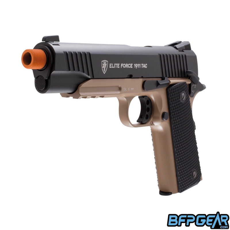 An angled view of the Elite Force 1911 Tactical airsoft pistol. The barrel tip is threaded to take mock suppressors. 