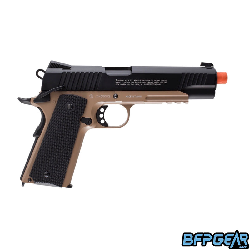 The Elite Force 1911 Tactical airsoft pistol in black and dark earth.
