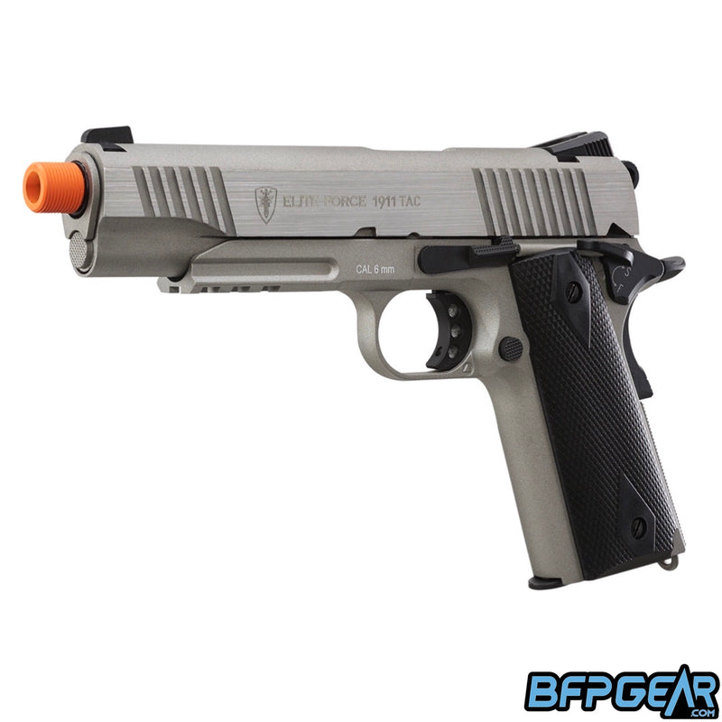 An angled view of the Elite Force 1911 Airsoft tactical pistol. Barrel tip is threaded to take mock suppressors 