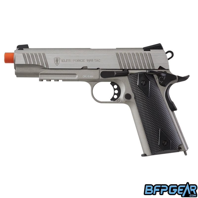 The Elite Force 1911 Tactical Airsoft pistol in stainless. Looks like brushed stainless steel.