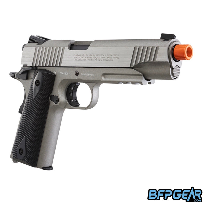 An angled view of the Elite Force 1911 Tactical Airsoft pistol.