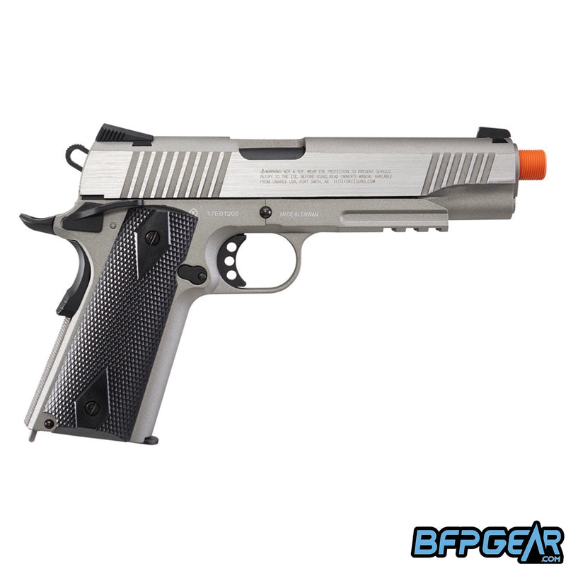 The Elite Force 1911 Tactical airsoft pistol in stainless. Looks like brushed stainless steel.