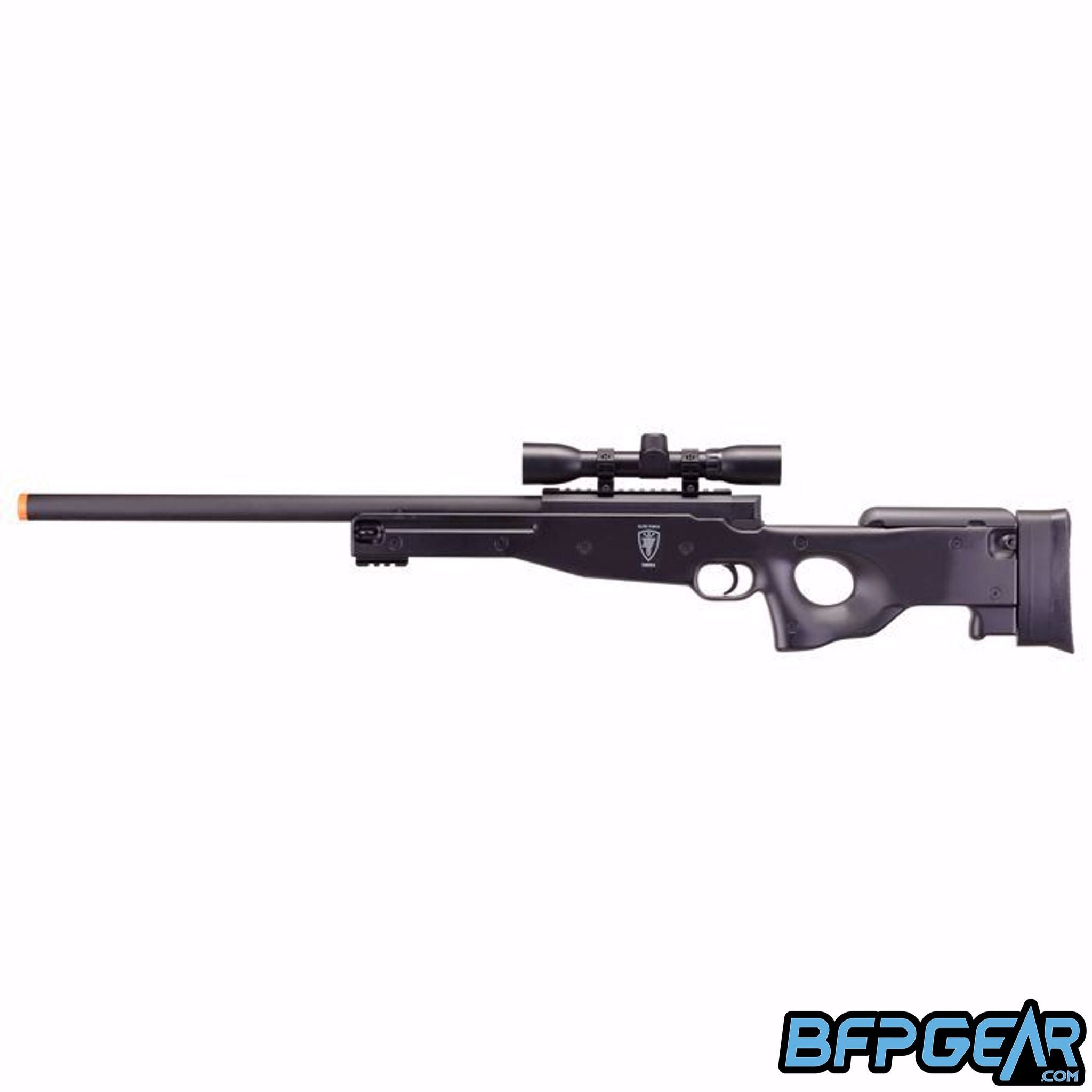 The Elite Force Tundra Airsoft sniper rifle. Comes with a 4x32mm scope, 28 round detachable magazine, and cheek rest.
