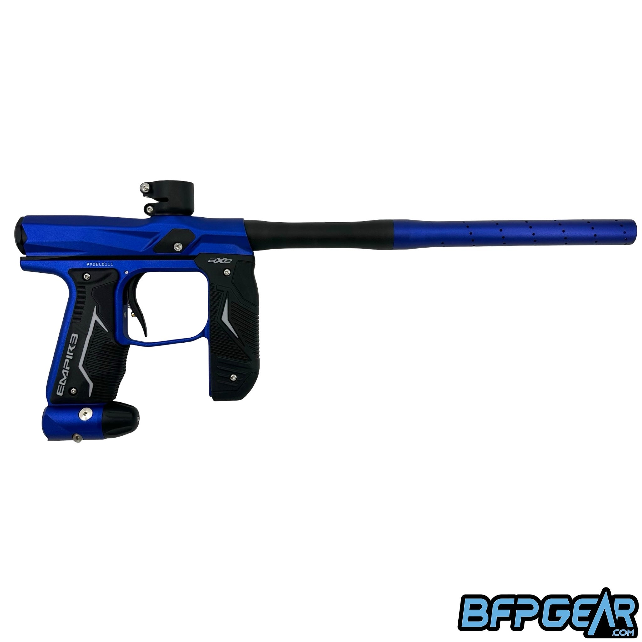 The Empire Axe 2.0 electronic paintball gun in blue and black.