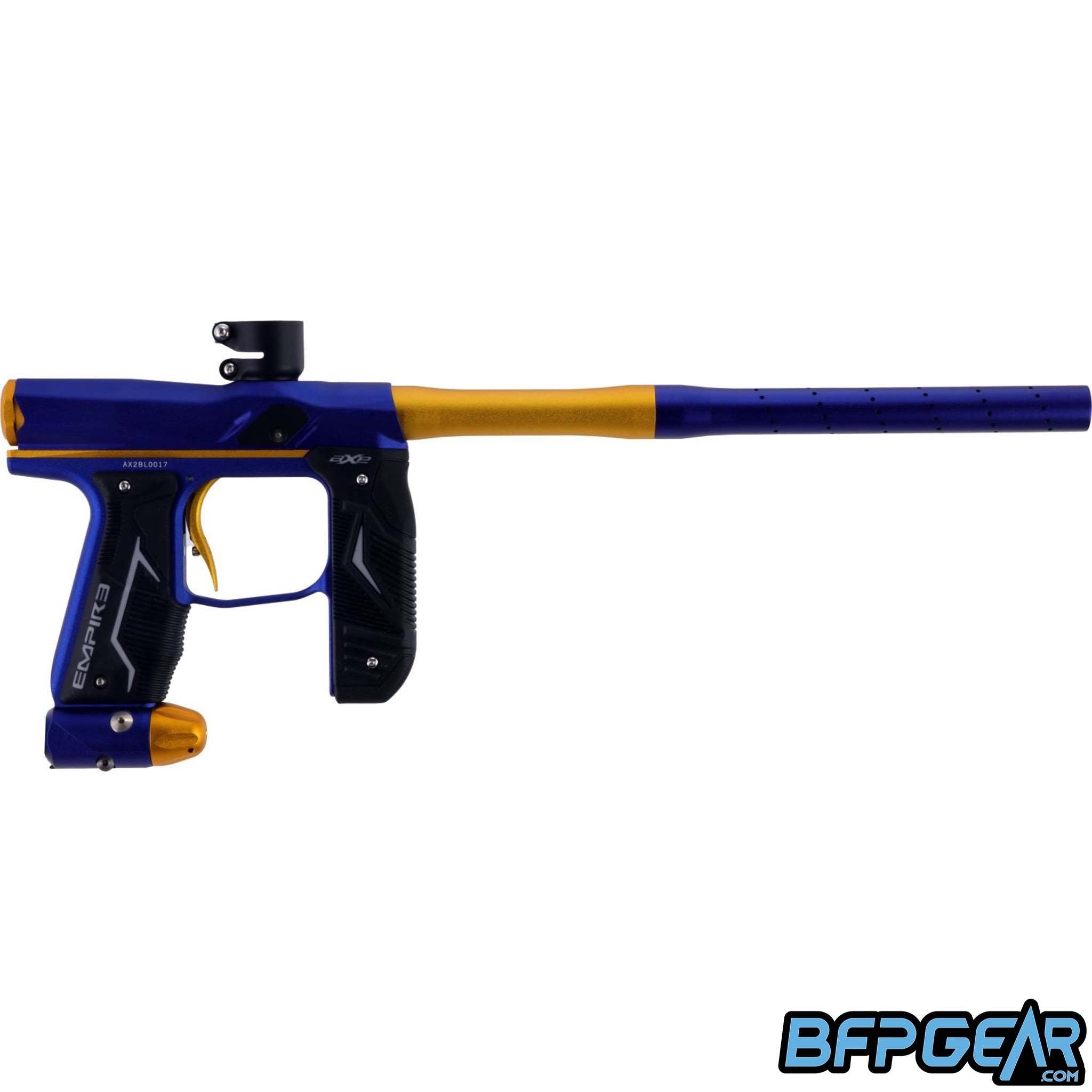 The Empire Axe 2.0 in blue and gold facing the right.