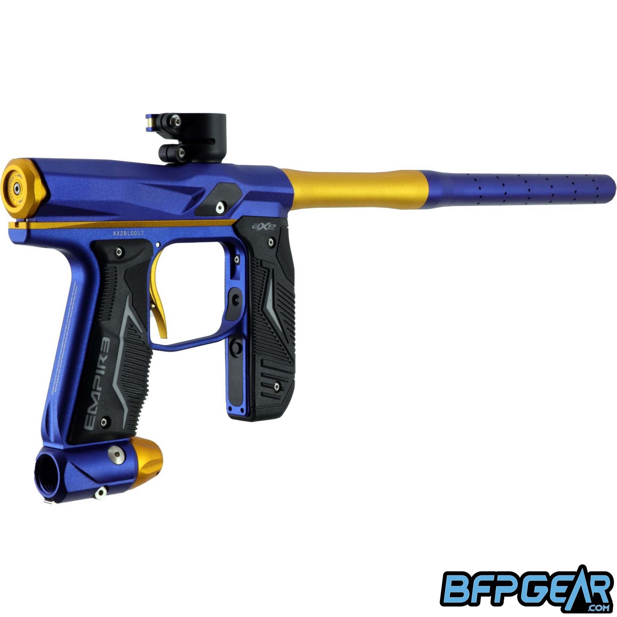 The Empire Axe 2.0 in blue and gold facing the right. This angle shows off the velocity adjuster on the back of the gun.