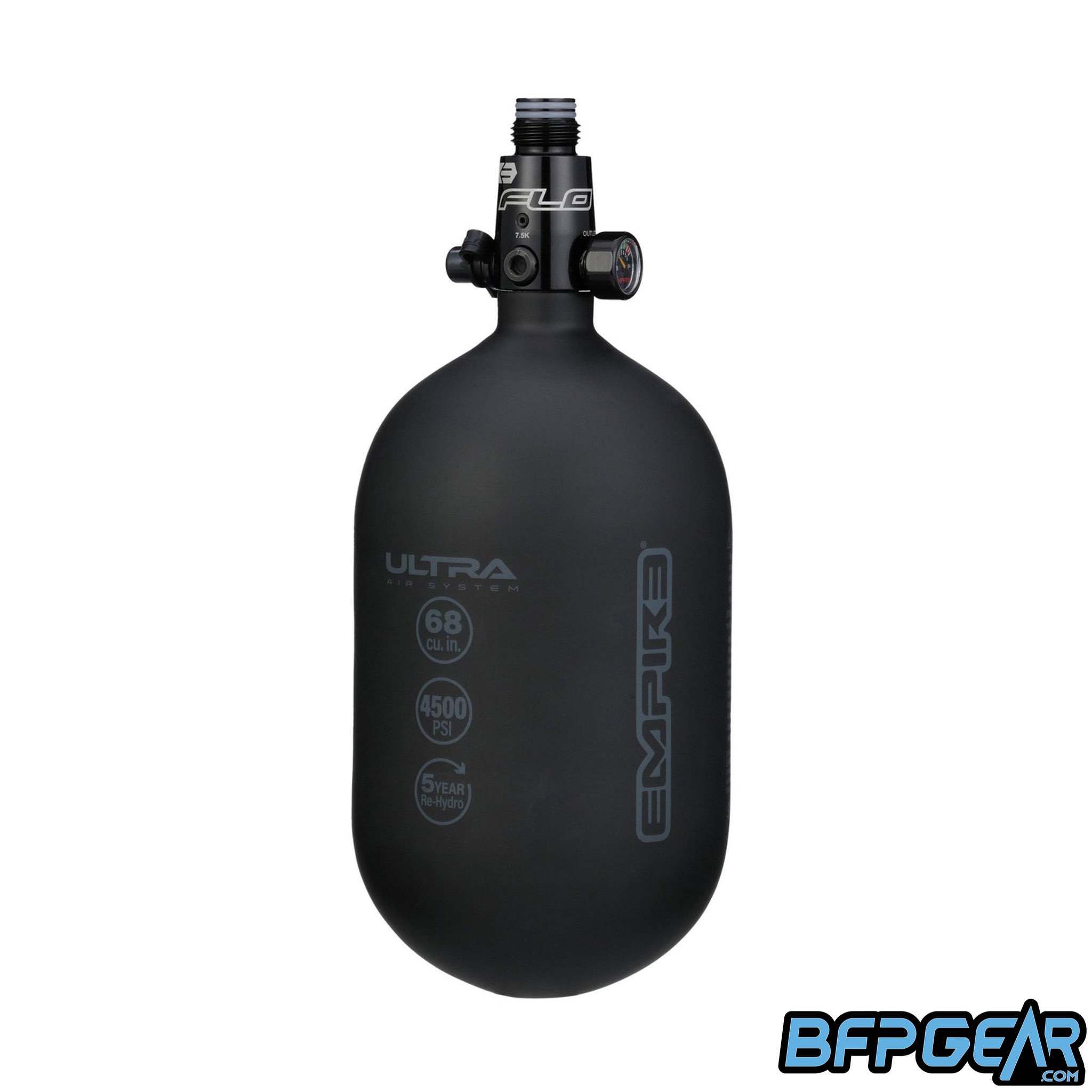 The Empire Ultra Light 68ci bottle paired with the Empire FLO Basic regulator. This regulator looks almost identical to the FLO Pro, but cannot have the output pressure adjusted. Bottle is matte black with dark grey, and the FLO Basic regulator is black.