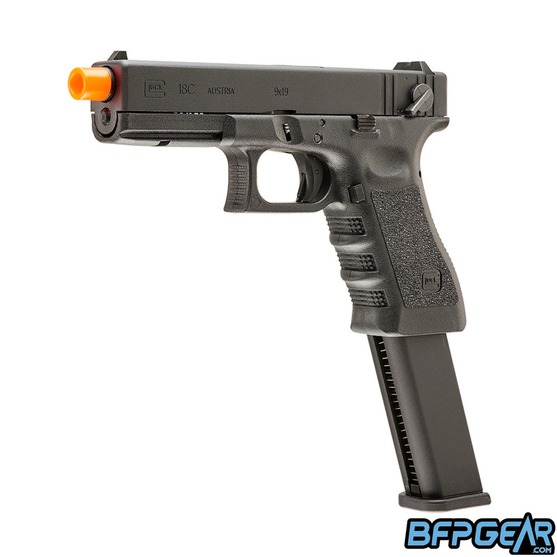 The Glock G18C Gen Gas Blow Back airsoft pistol. A selector switch is located on the top slide to switch between semi auto and full auto.
