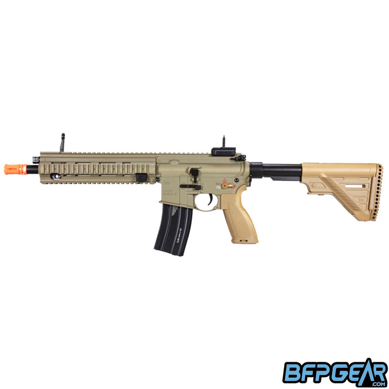 The H&K 416 A5 competition AEG airsoft rifle in tan.