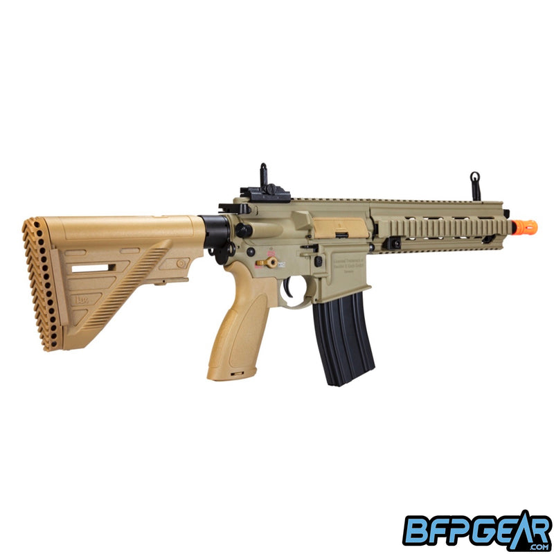 The H&K 416 A5 competition AEG airsoft rifle in tan.