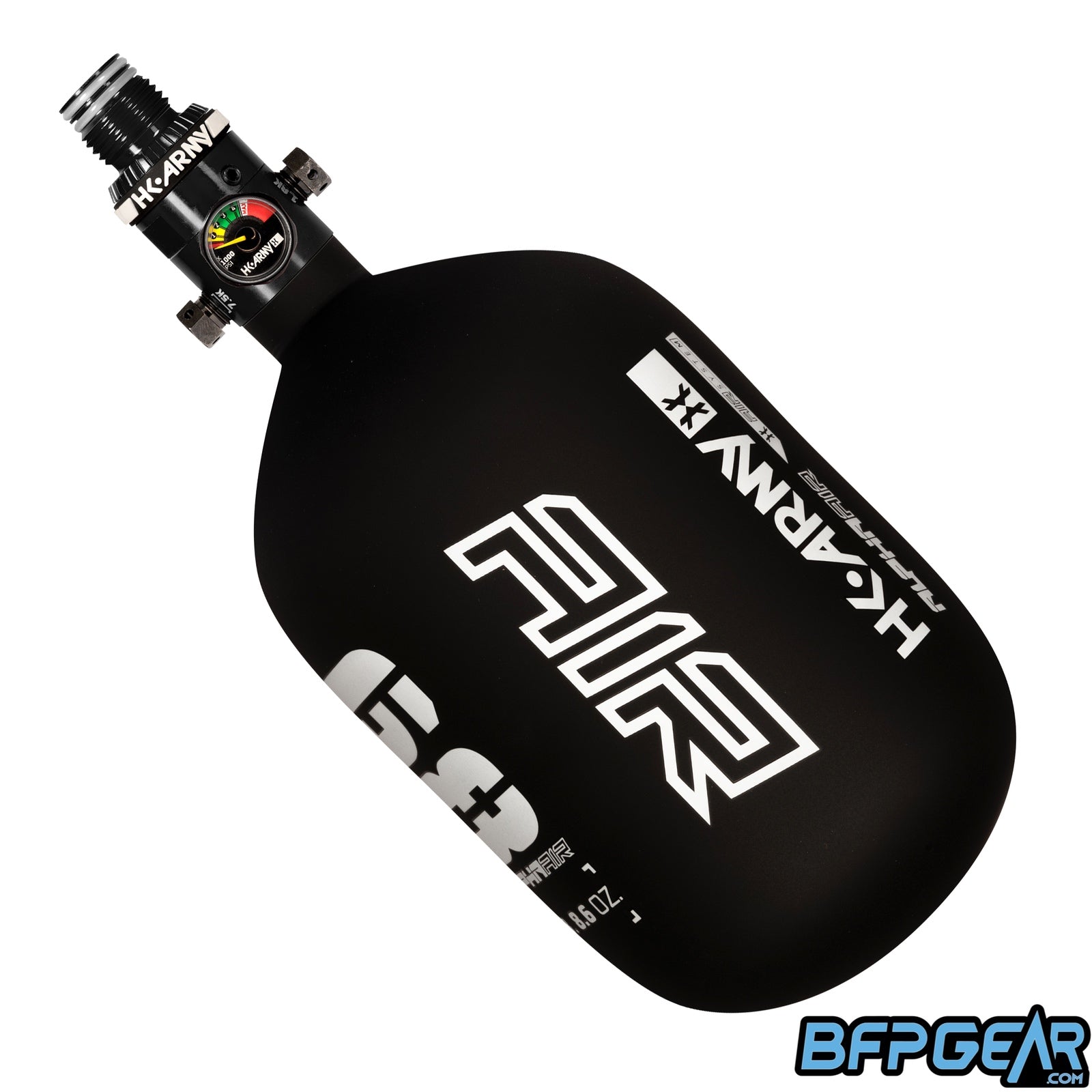 The HK Army Alpha Air 68ci air tank with the HP8 regulator in the Shadow pattern. The bottle is black and white.