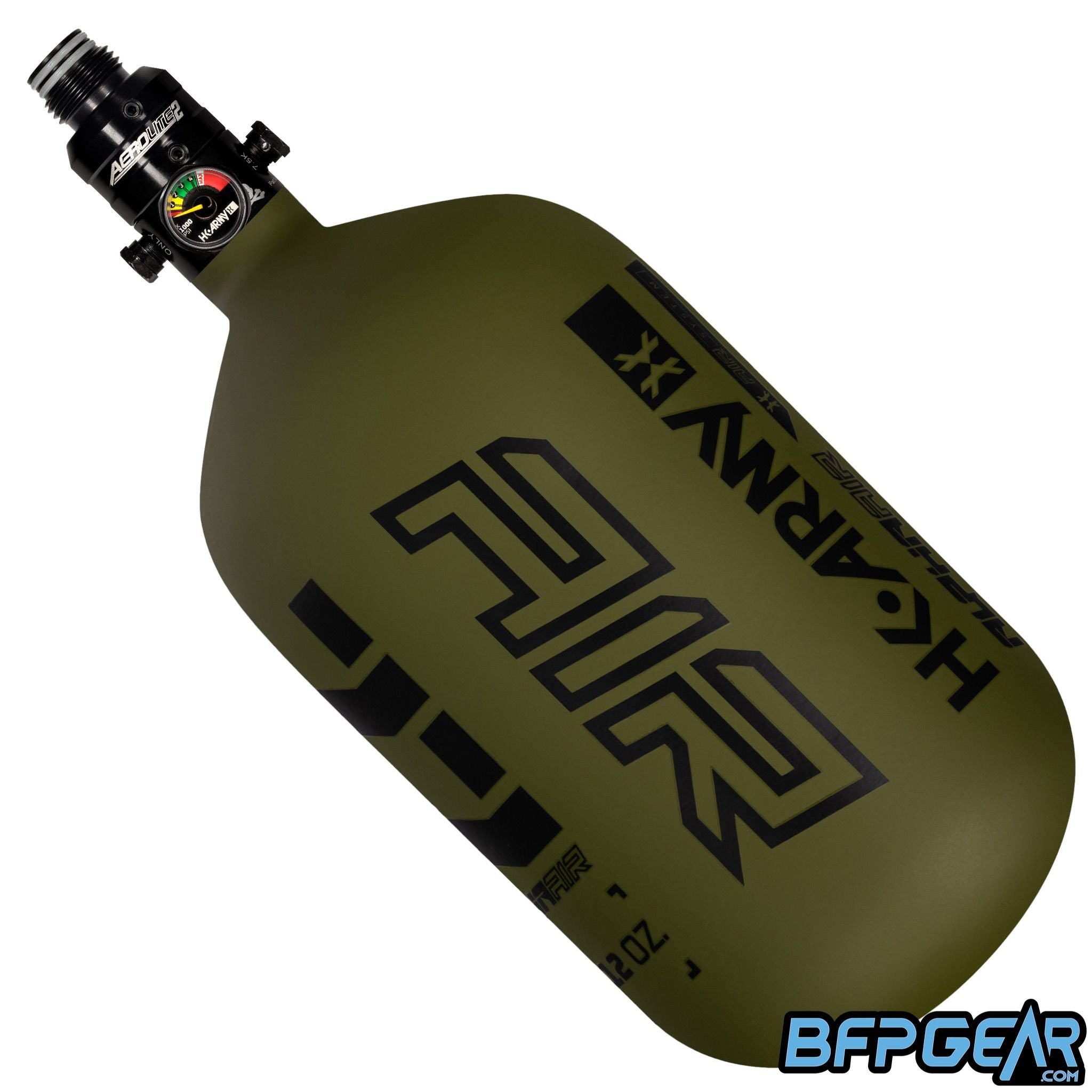 The HK Army Alpha 77ci air tank with a Pro V2 regulator in the Striker pattern. Color way is Olive and black. Pro Regulator is black in color.