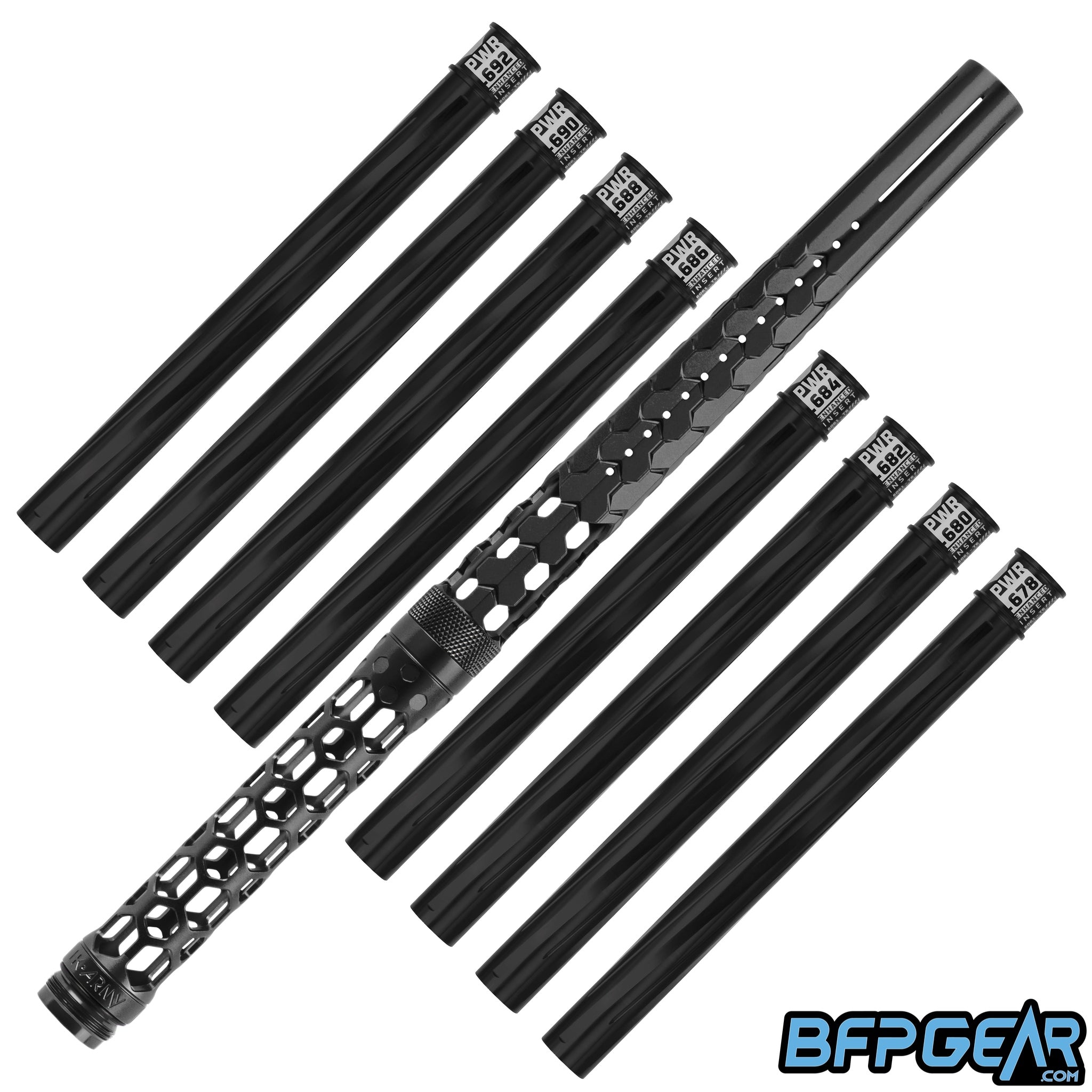 HK Army Hex PWR Barrel Kit in black with Vector PWR inserts and EXO hard shell case for precision paintball performance