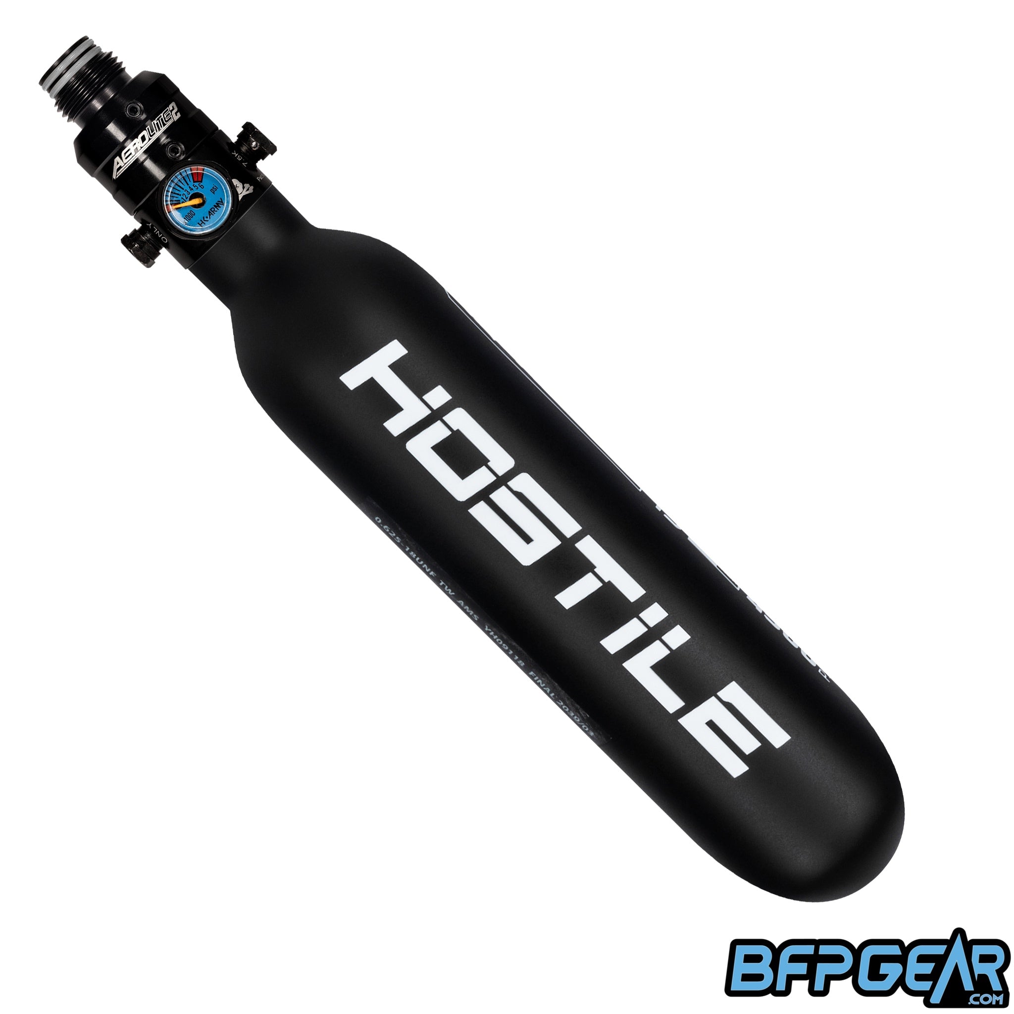 The HK Army Hostile 15ci bottle in the phantom color way with a black pro reg installed.