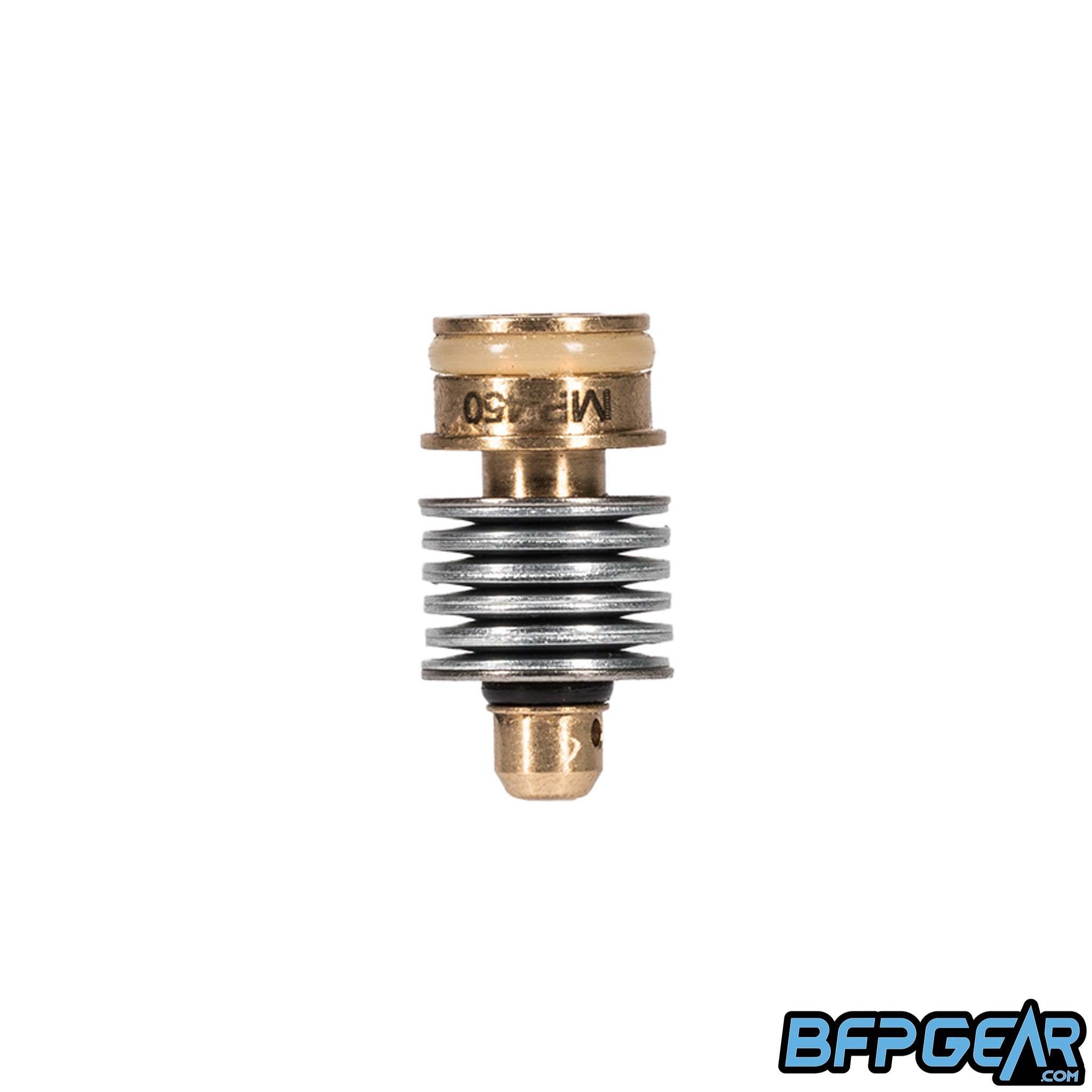 HK Army MP5 Mid Pressure Piston for Performance Series Regulators – brass piston with Belleville shim stack, 450–550 psi output, and O-ring seal.