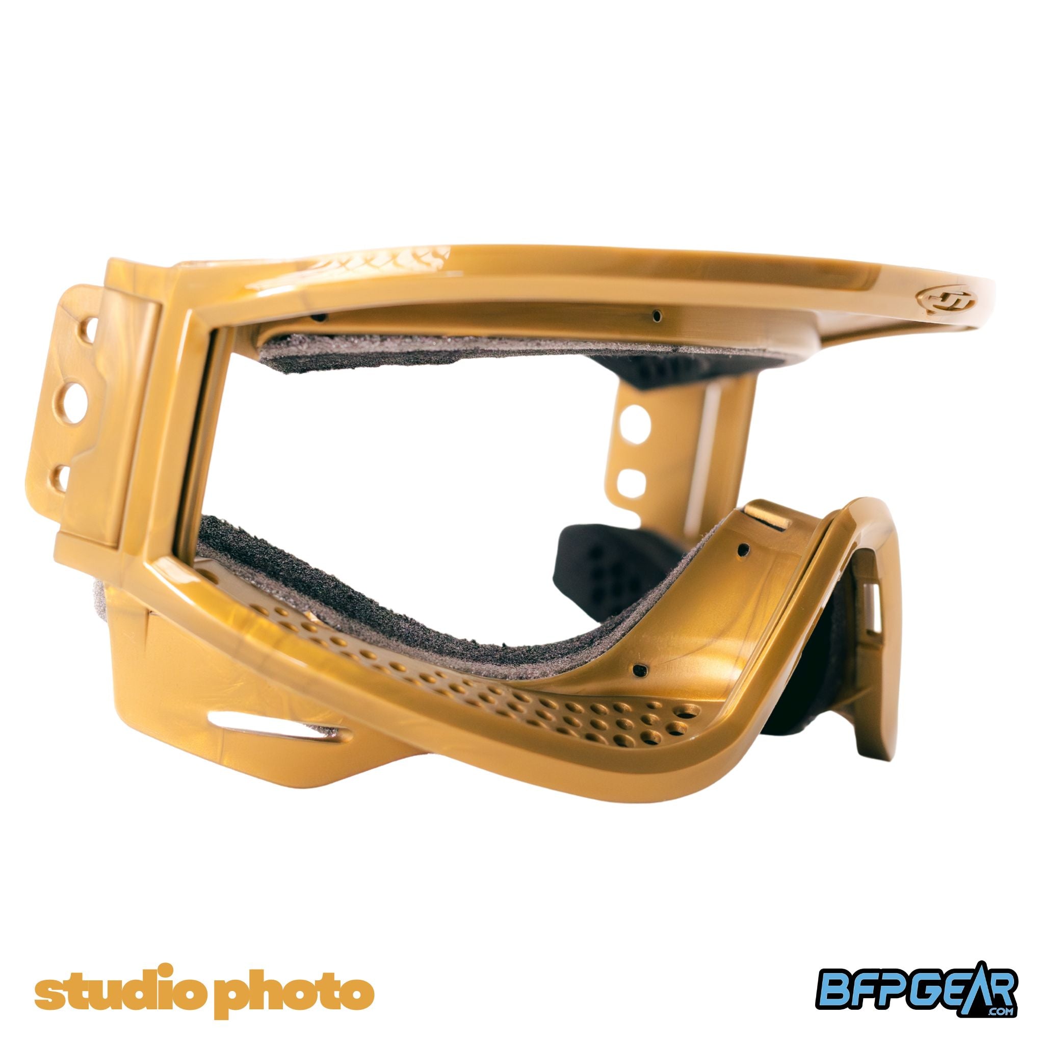JT ProFlex LE Thin Goggle Frame Liquid Gold, side angle view of the frame and venting