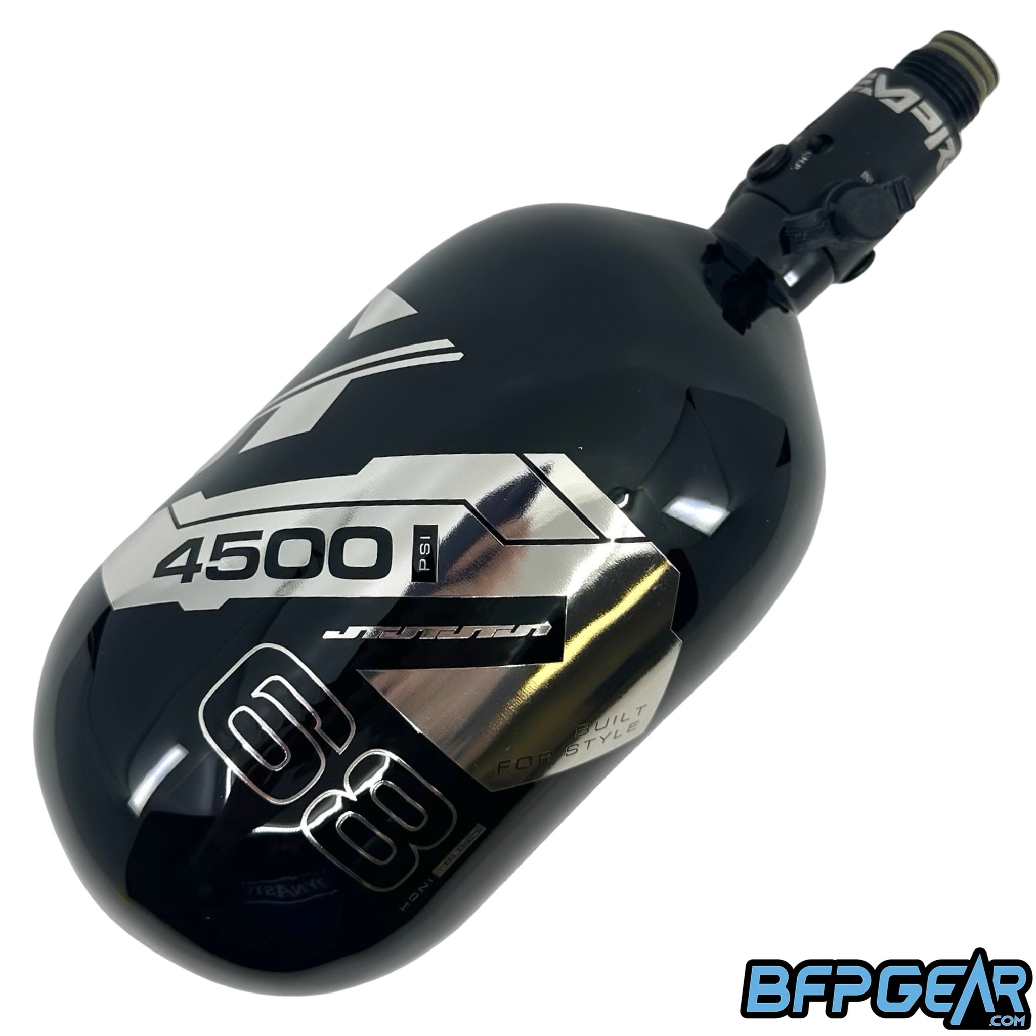 The JT Ultra Light 68ci air tank with the Empire FLO PRO Regulator installed. Color way is black and chrome mirror.
