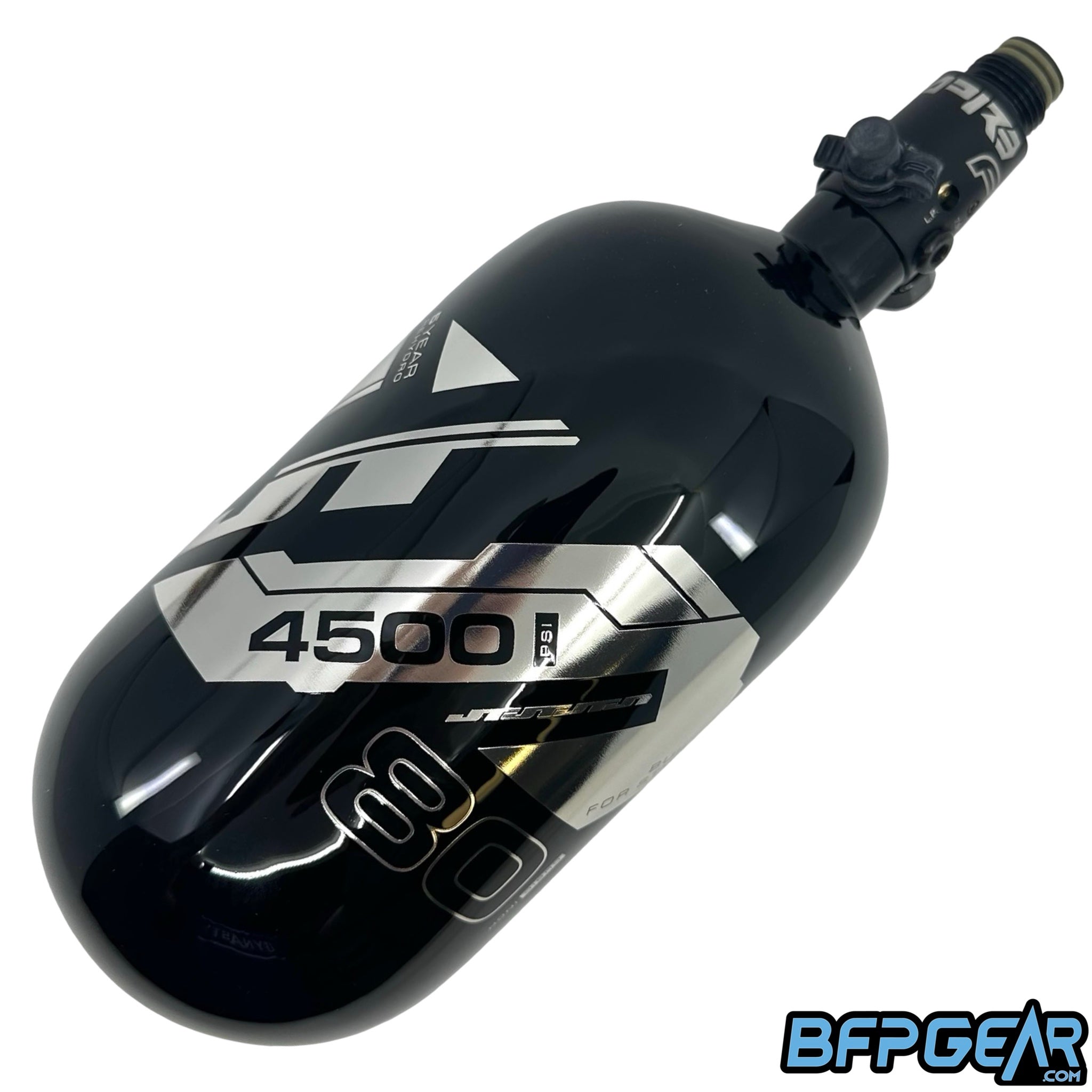 The JT Ultra Light 80ci air tank with the Empire FLO PRO Regulator installed. Color way is black and chrome mirror.
