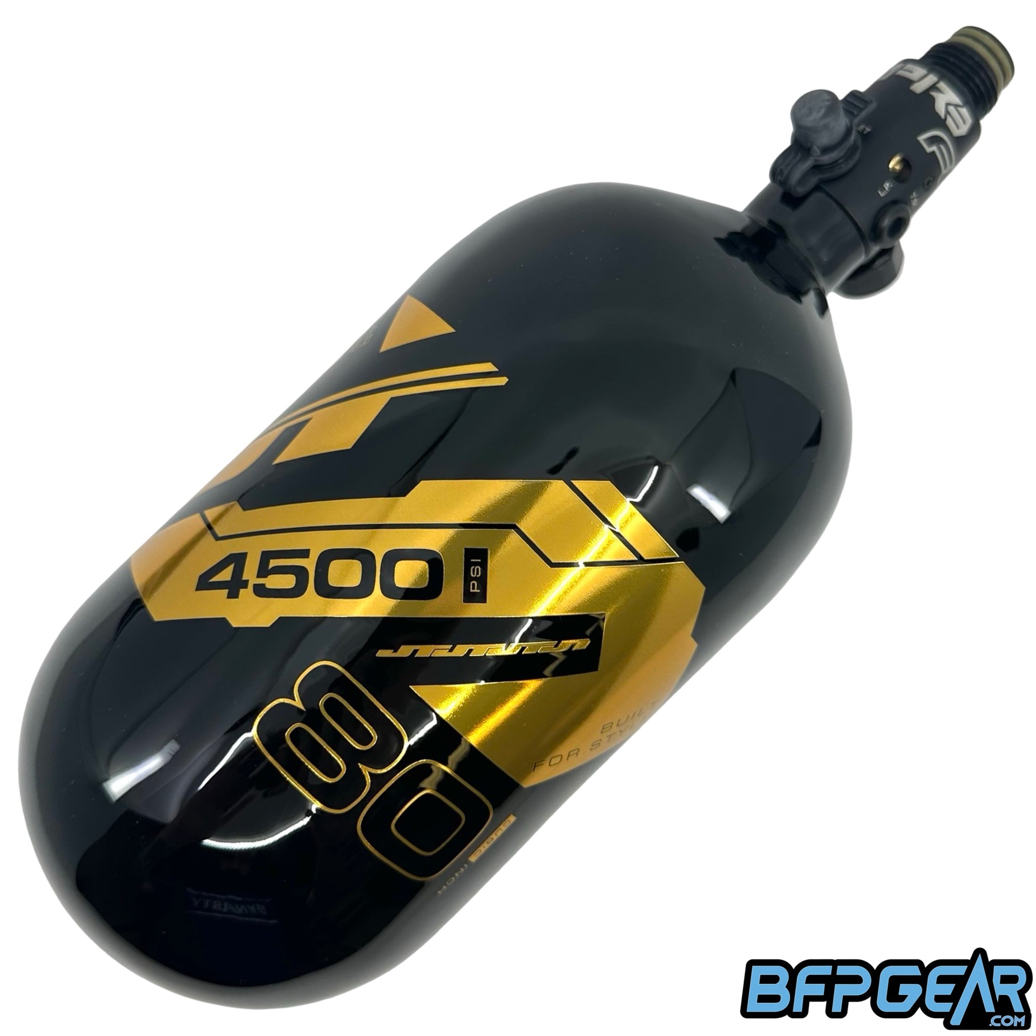 The JT Ultra Light 80ci air tank with the Empire FLO PRO Regulator installed. Color way is black and gold mirror.