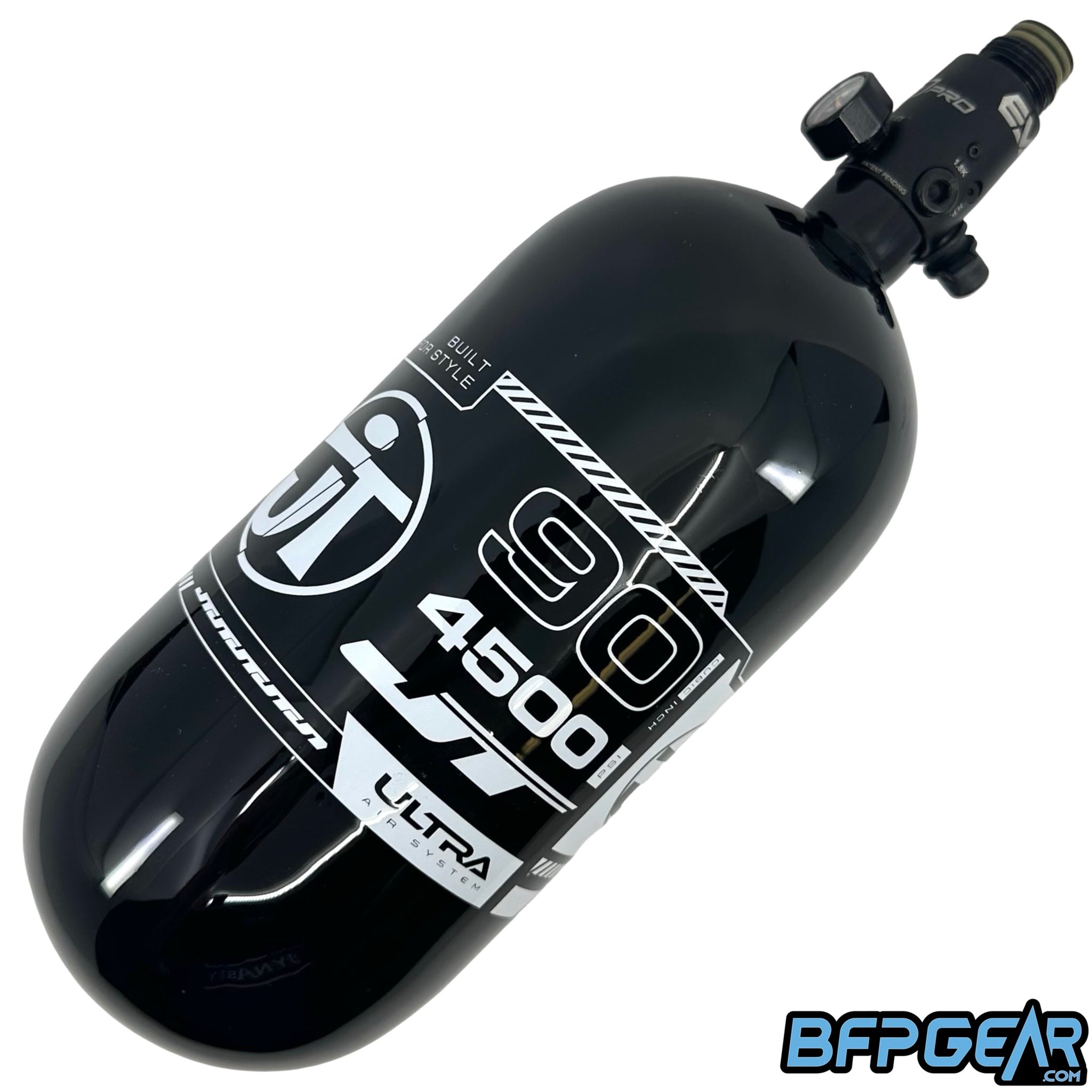 The JT Ultra Light 90ci air tank with the Empire FLO PRO Regulator installed. Color way is black and white.