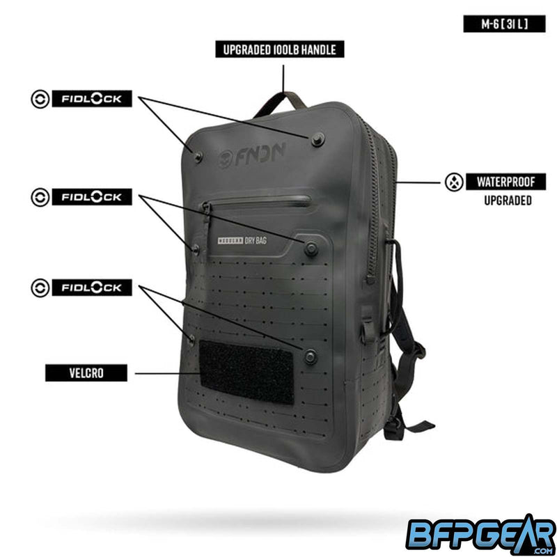 Highlighted features of the M6 waterproof bag. Upgraded carry handle, upgraded waterproof material, extra fidlock pegs and a velcro patch are all highlights of this backpack.
