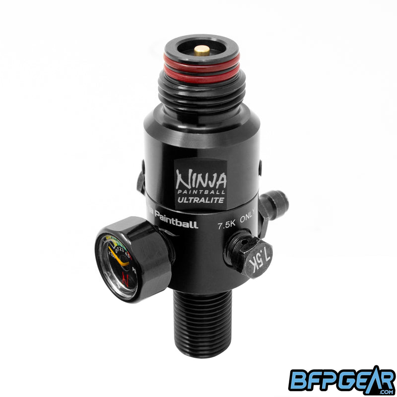 The Ninja Ultralite regulator. Two red o-rings at the top help seal air better when threaded into your marker.