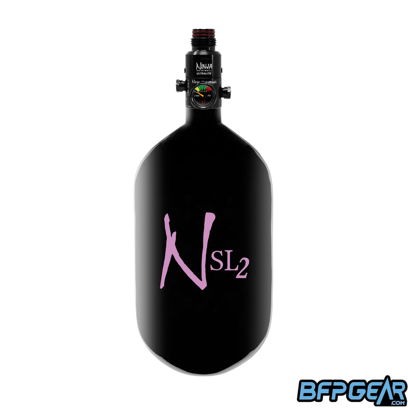 Ninja Paintball SL2 68ci/4500psi air tank in black and pink with an Ultralite regulator installed.