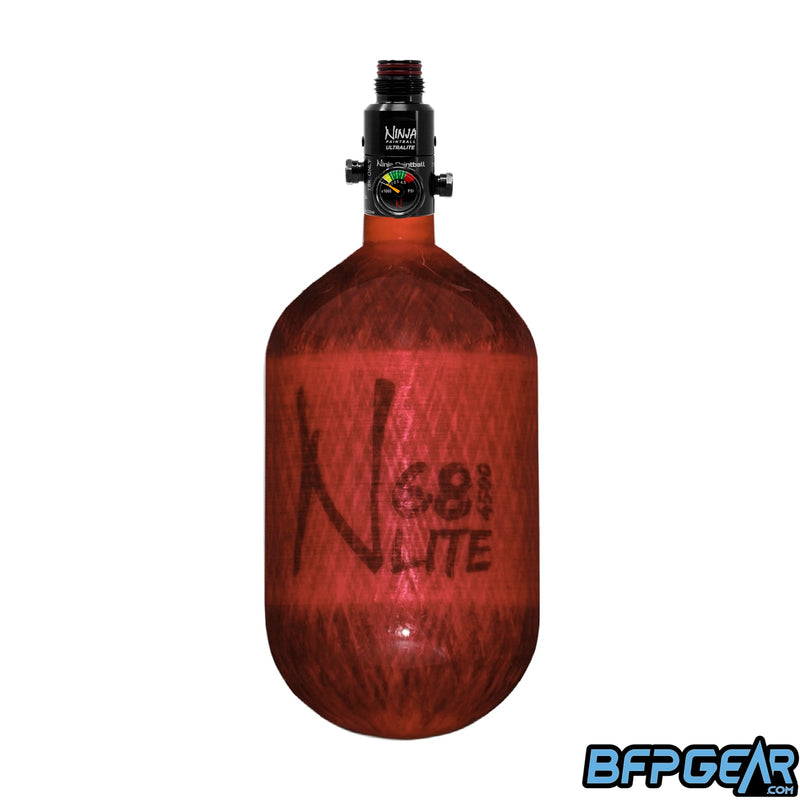 Ninja Paintball 68ci/4500psi air tank in red with an Ultralite regulator installed.
