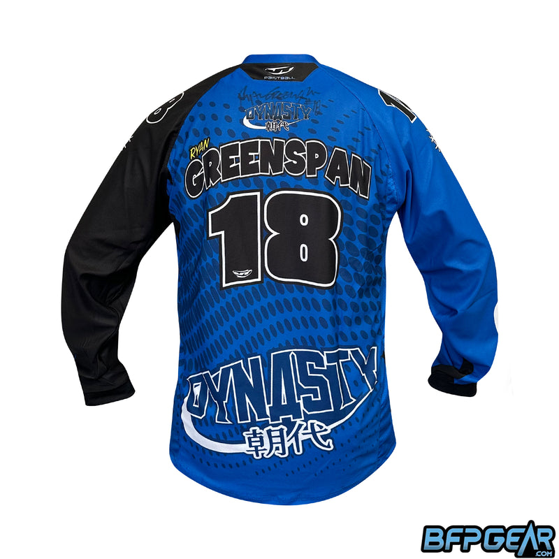 The back of the jersey. Has Ryan Greenspan's name with the number 18 on the back. His signature is above that. Dynasty logo on the bottom of the jersey.