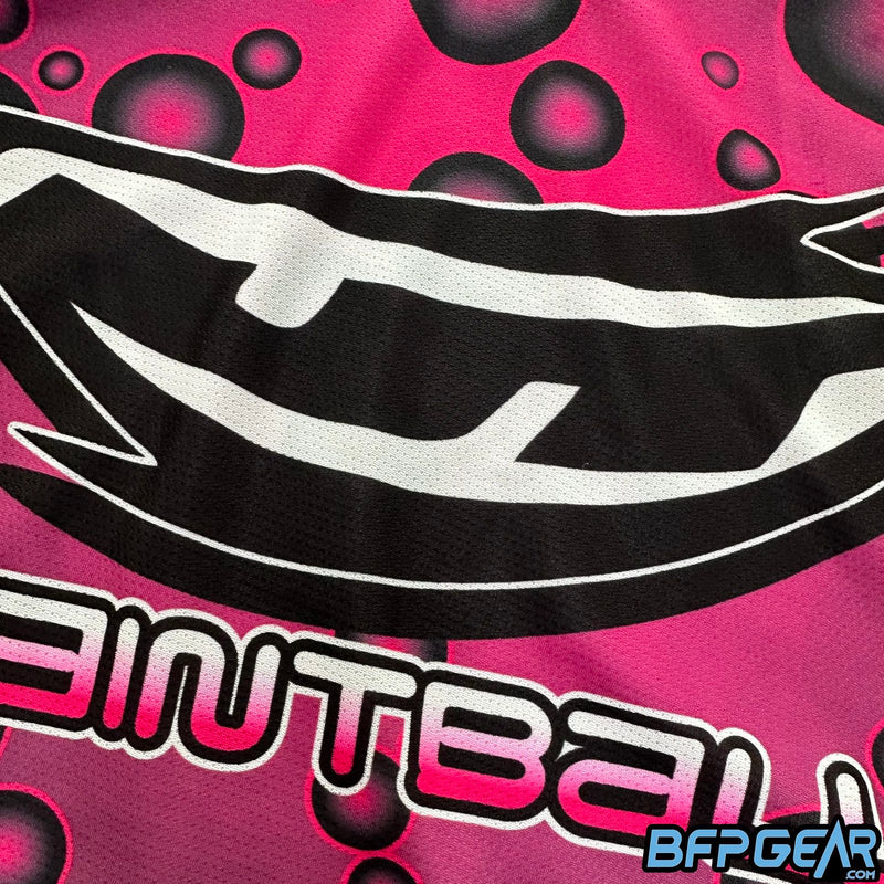 Up close picture of the pink retro bubble jersey. Shows off the color and pattern.