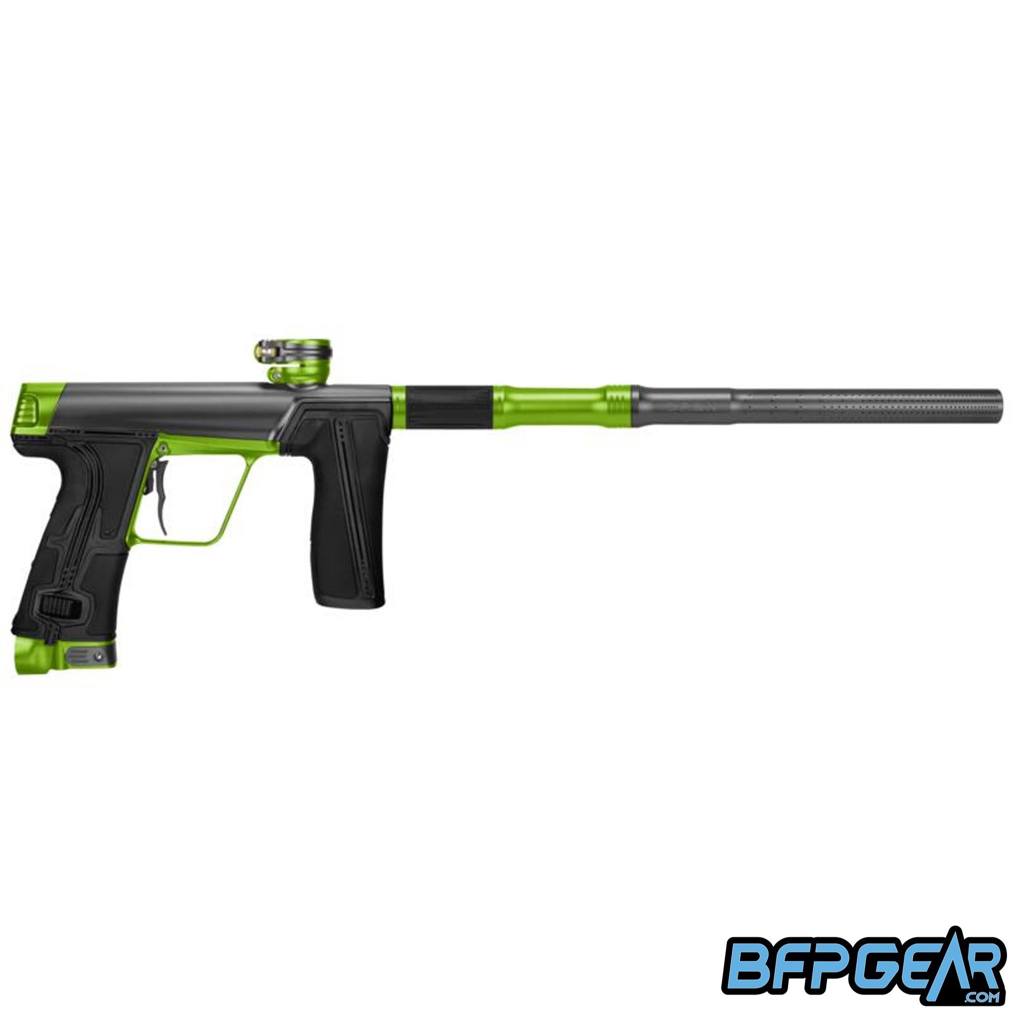 Planet Eclipse CS3 Pro paintball marker in graphite and green, right-facing view, S63 Pro FL barrel, available at BFP Gear.