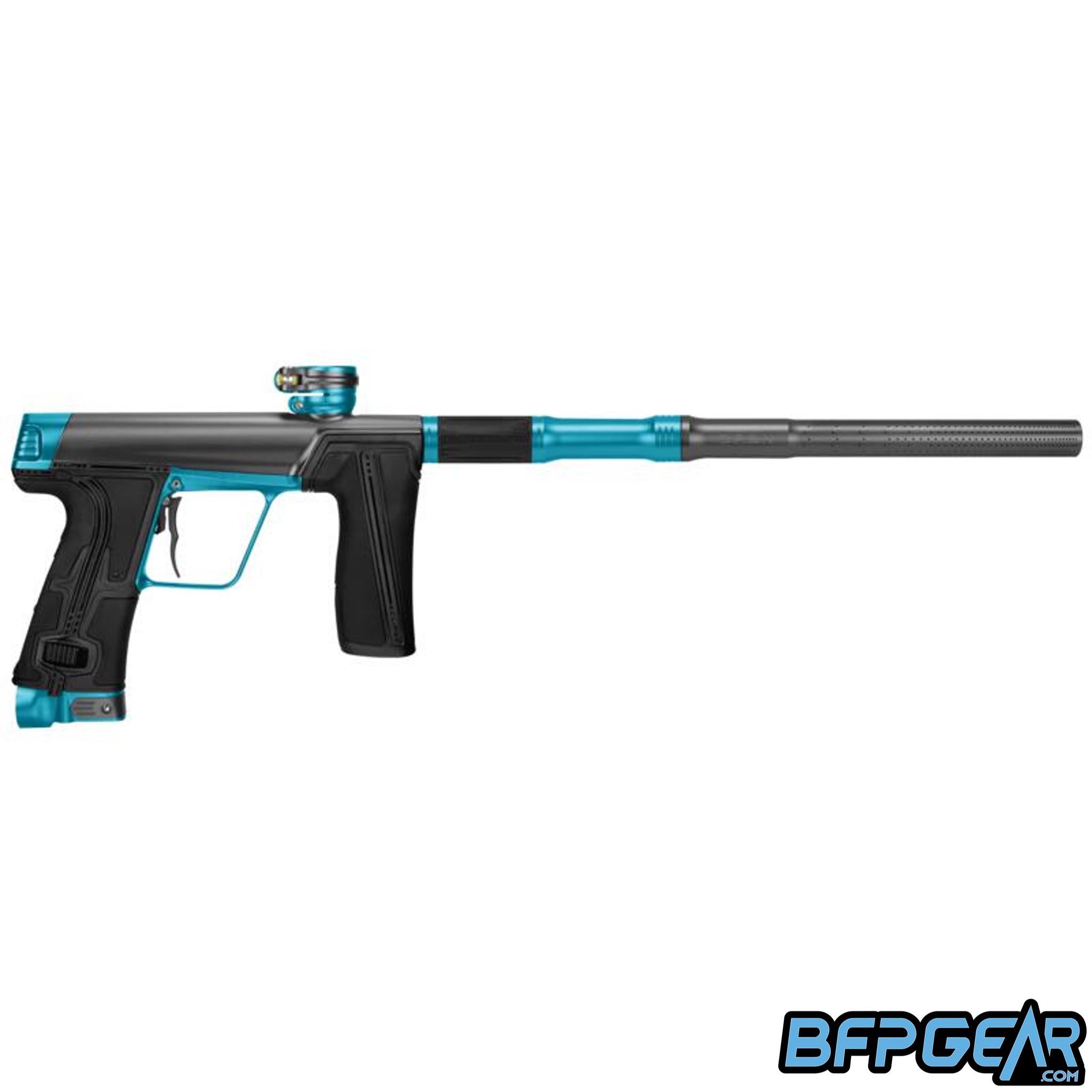 Planet Eclipse CS3 Pro paintball marker in graphite and turquoise, left-facing view, S63 Pro FL barrel, available at BFP Gear.