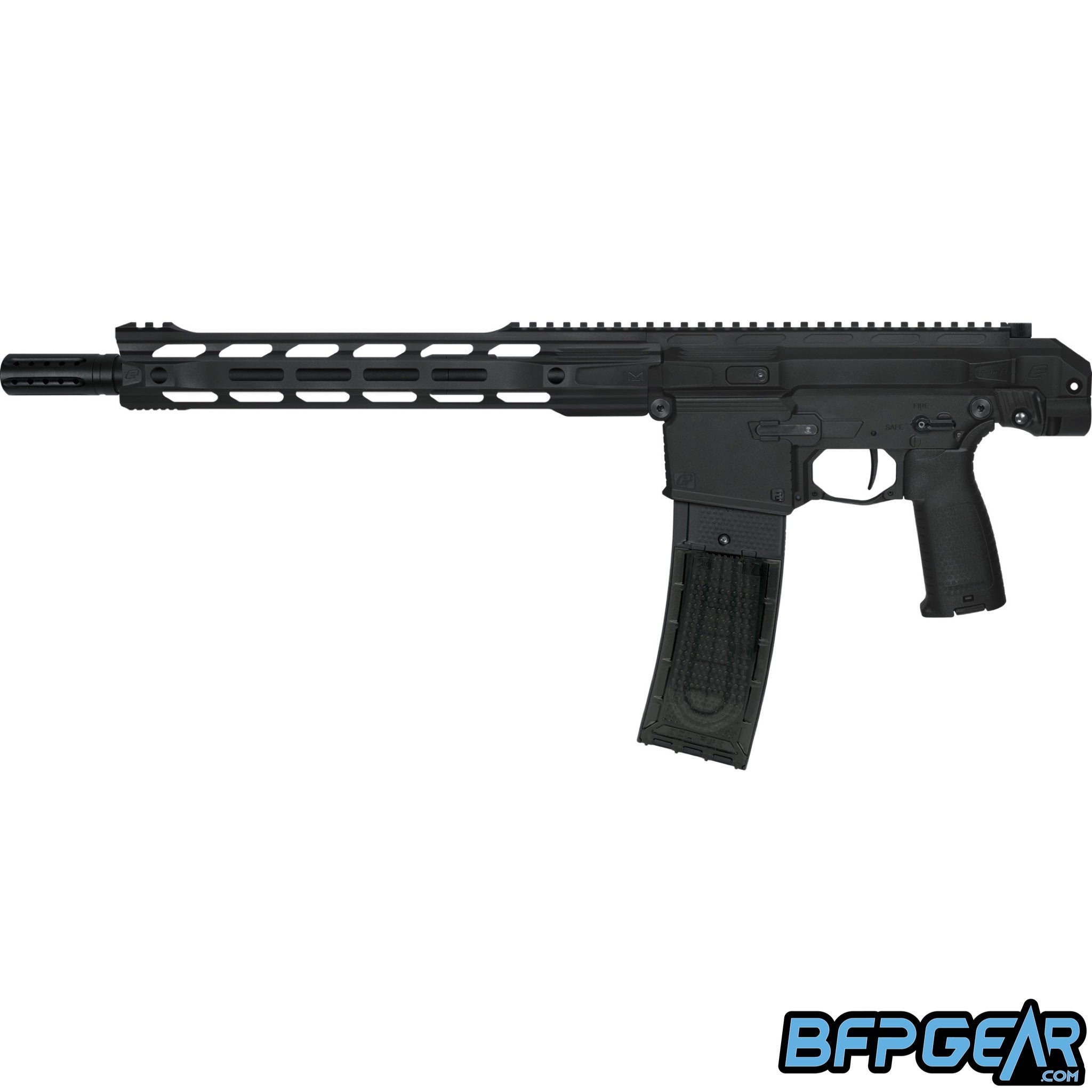 The Planet Eclipse EMF 200 Mag Fed paintball marker. The CF20 Pro magazine is installed in the EMF 200 and is facing the left. M-Lok barrel shroud allows for attachments to be installed.